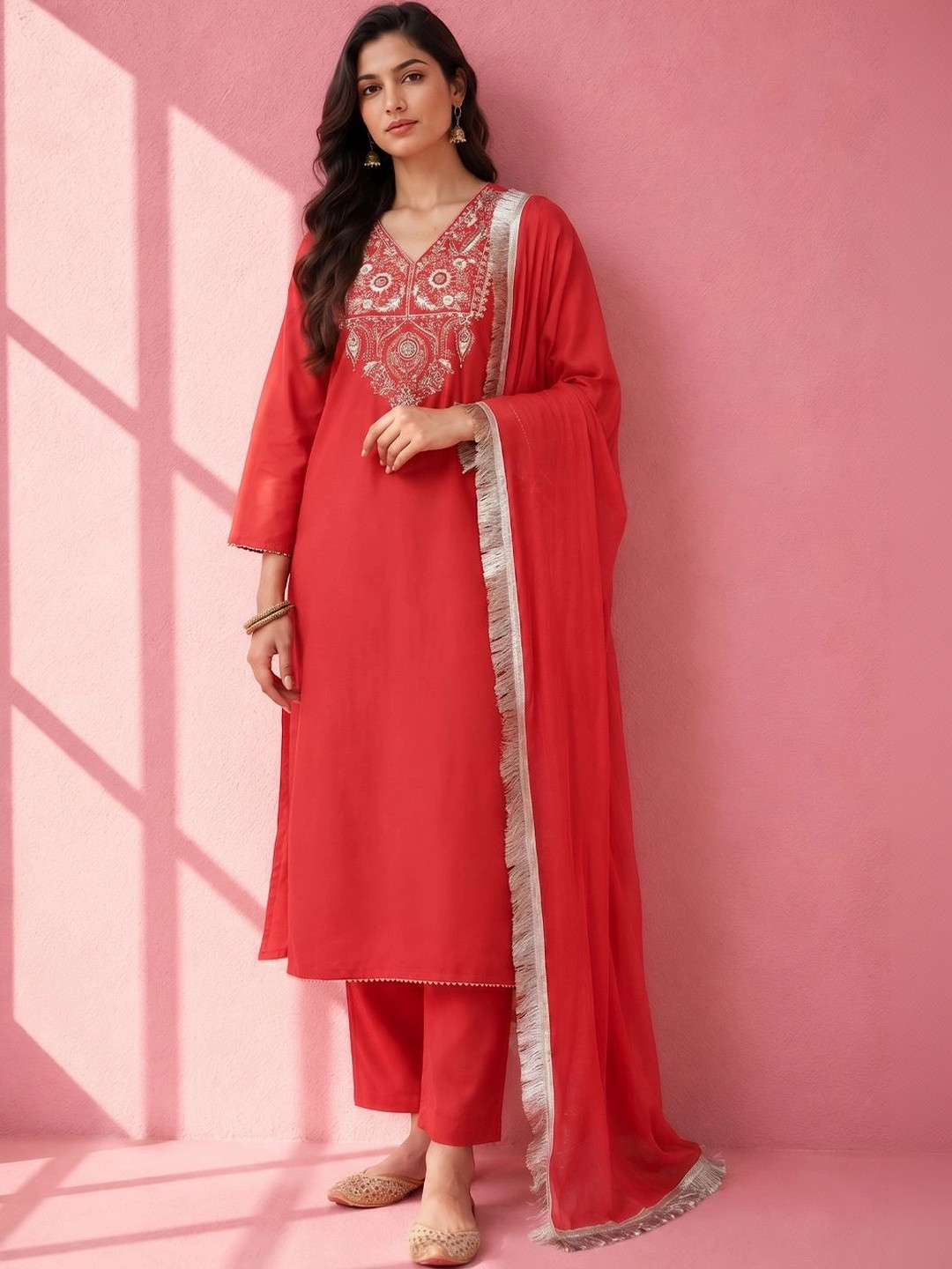 SACi Women Ethnic Motifs Embroidered Regular Thread Work Kurta with Palazzos & With Dupatta