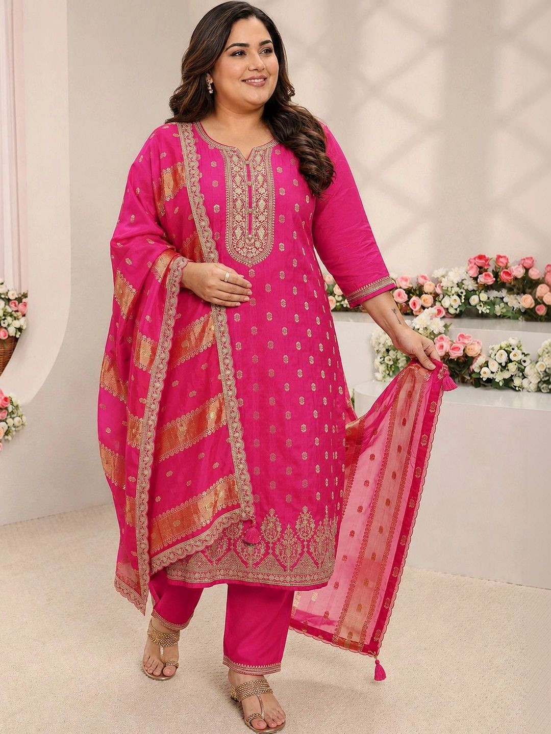 EXTRA LOVE BY LIBAS Women Ethnic Motifs Regular Kurta with Trousers & With Dupatta