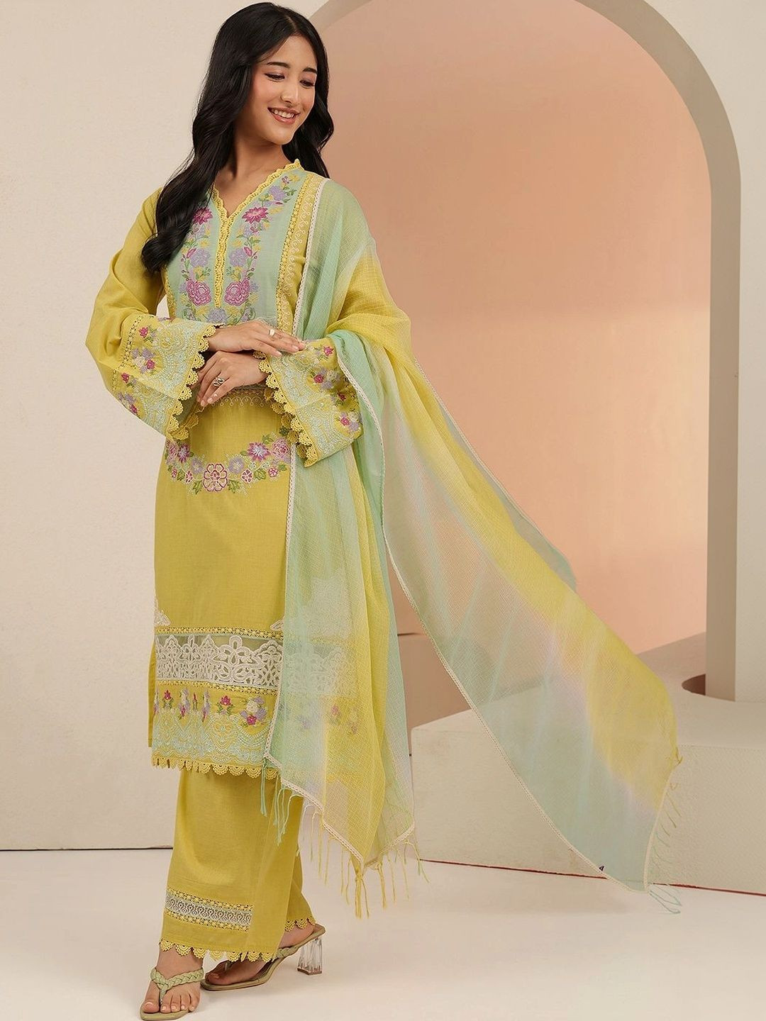 Libas Yellow Floral Embroidered Cotton Straight Suit Set
