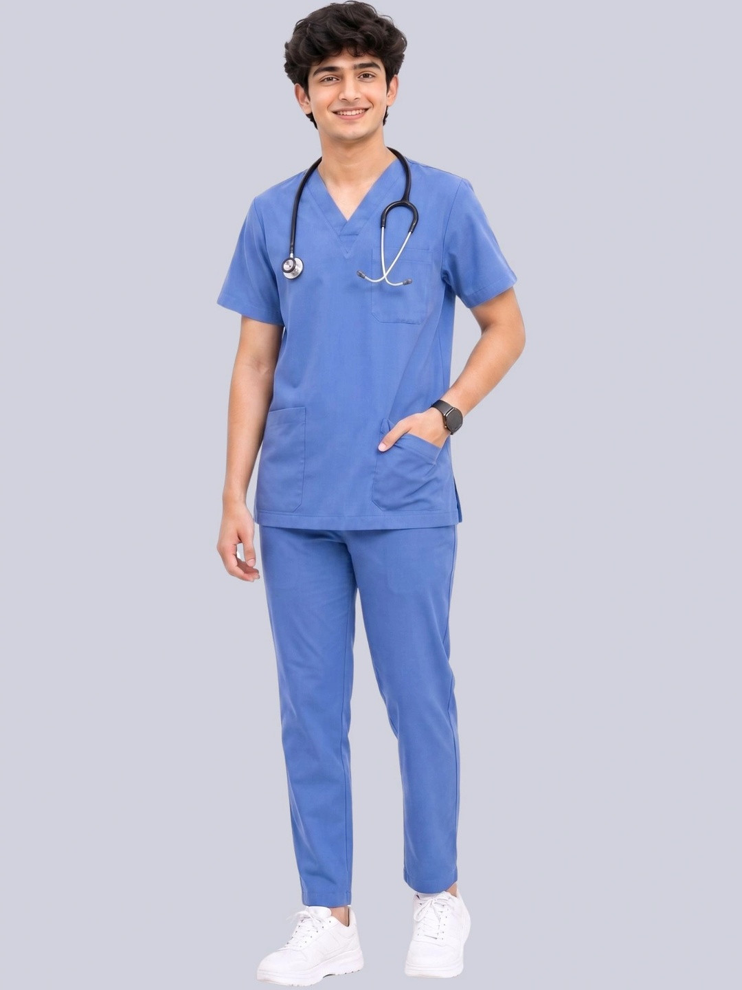 MAFATLAL Unisex Blue Solid Cotton 5-Pocket Scrub Set