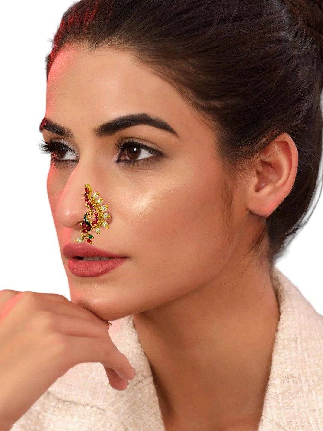 FEMMIBELLA Gold-Plated Artificial Stones and Beads Stud Nosepin