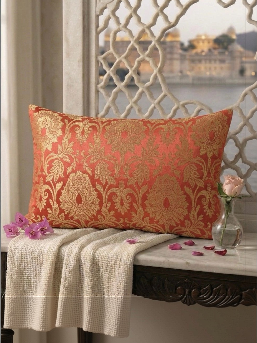 RoyalDeco Banarasi Brocade Ethnic Motifs Silk Washable 2 Pcs Zari Cushion Covers - 12x20In