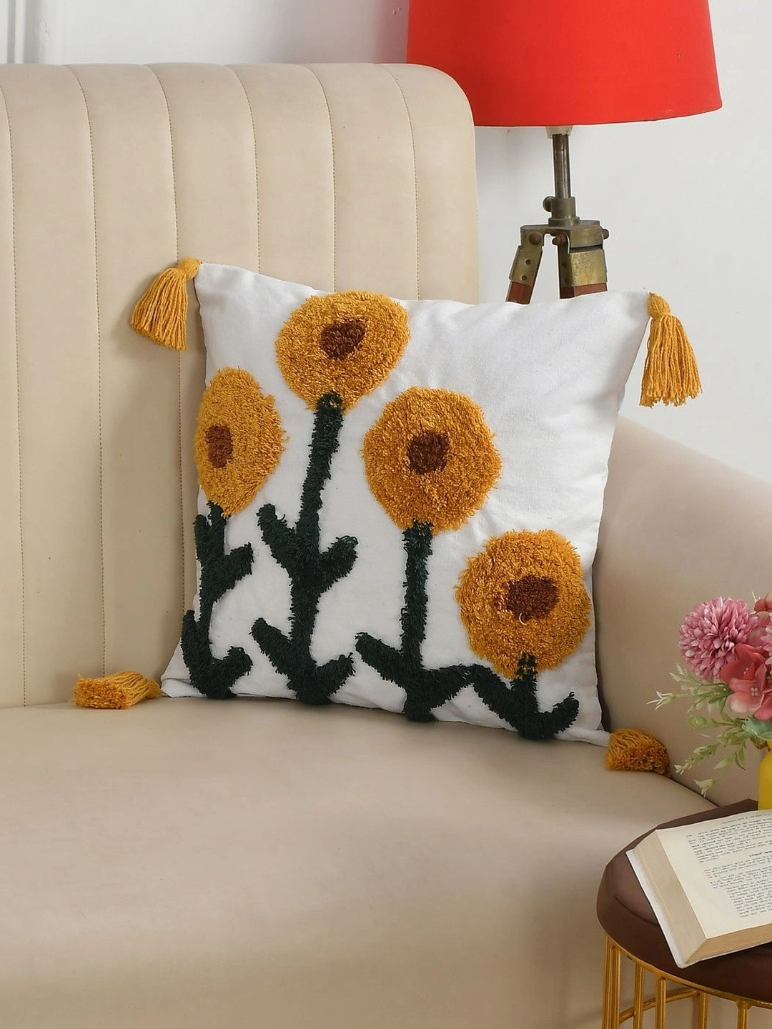 Dolce Casa Tan & White Floral Square Cushion Covers