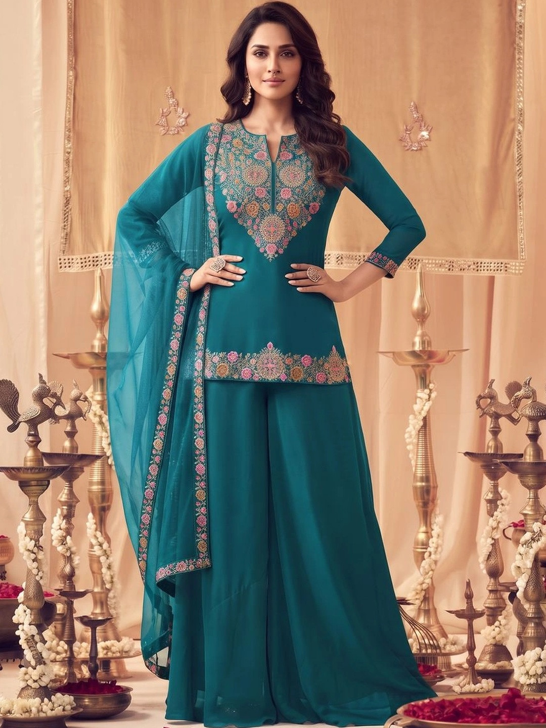 Inddus Turquoise Blue Floral Embroidered Notch Neck Georgette Kurti with Palazzo & Dupatta