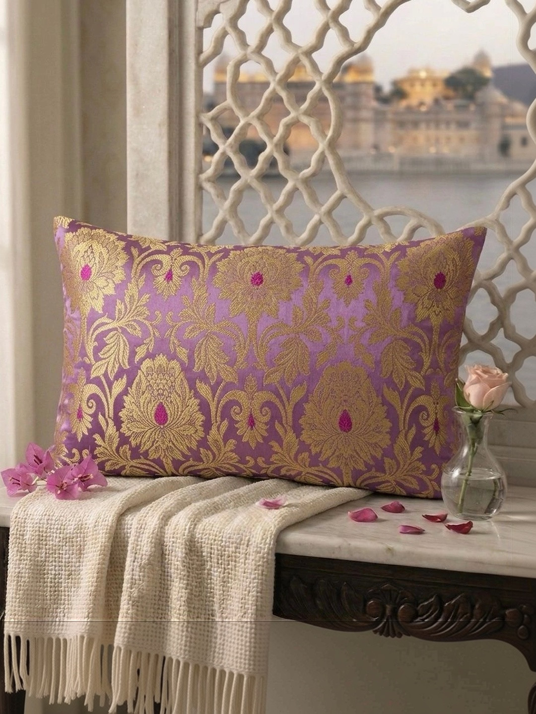 RoyalDeco Ethnic Motifs Brocade Durable 2 Pcs Zari Cushion Covers - 11.8 x 19.7 Inches