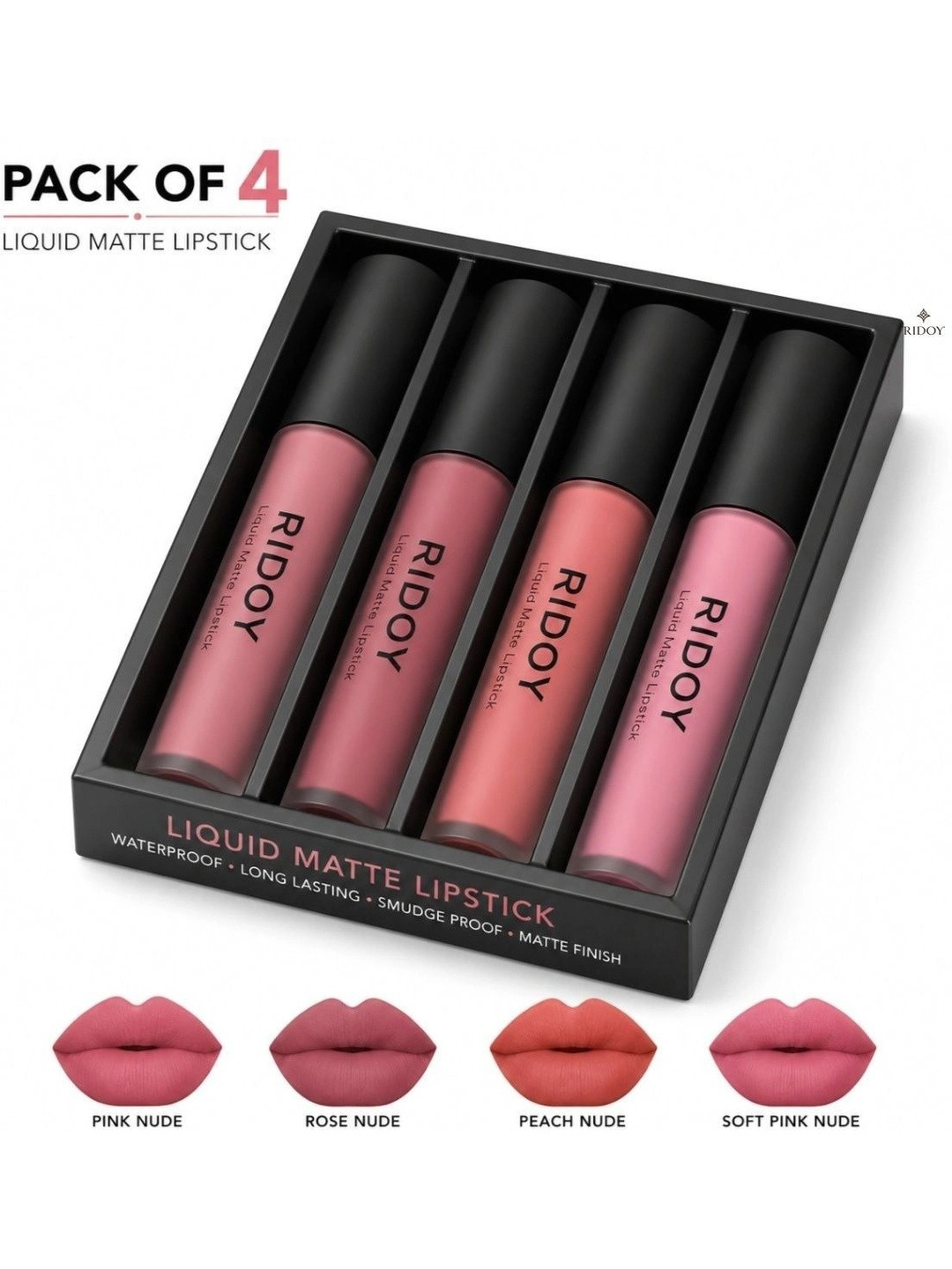 ridoy Set Of 4 Waterproof Liquid Matte Lipstick-3 ml Each - Pink Nude-Rose Nude-Peach Nude