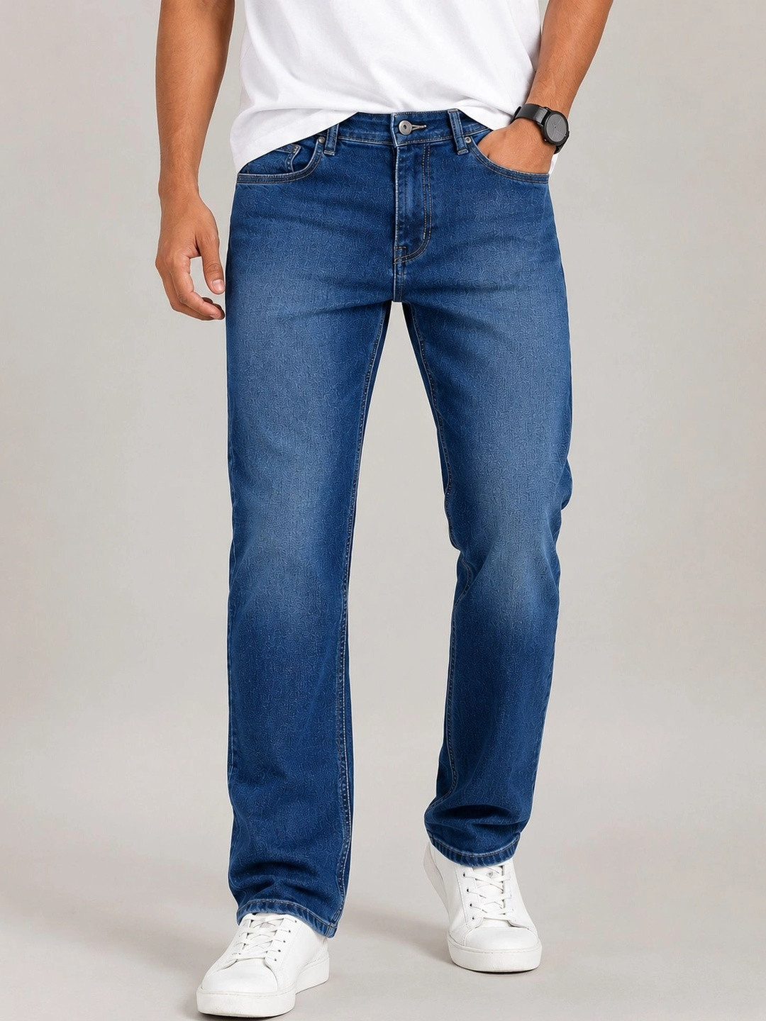 Denimora Men Straight Fit Mid-Rise Light Fade Stretchable Jeans