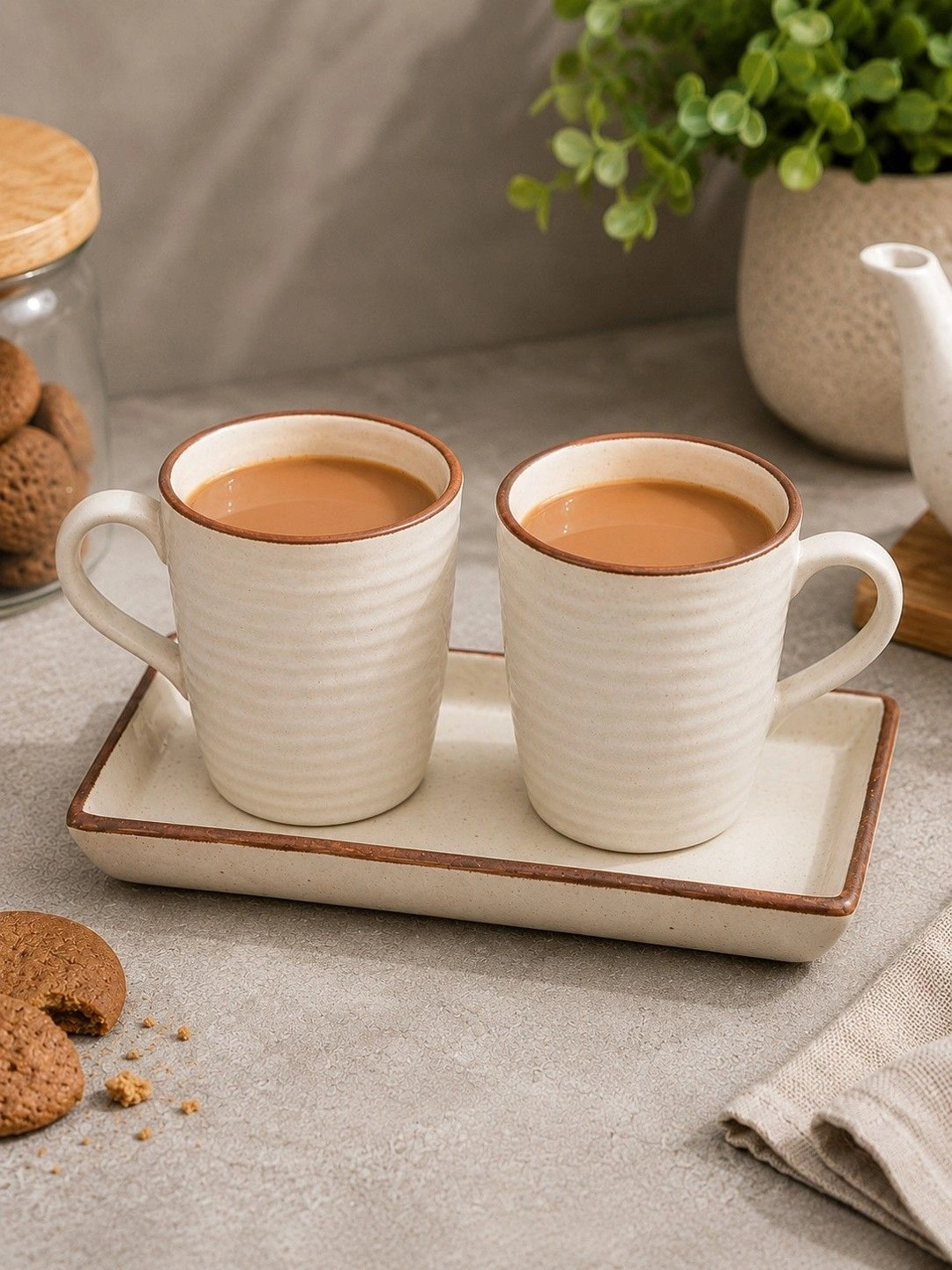 MIAH Decor Blue Spring Cream Ceramic Handcrafted 2 Piece Mug with Tray-310ml