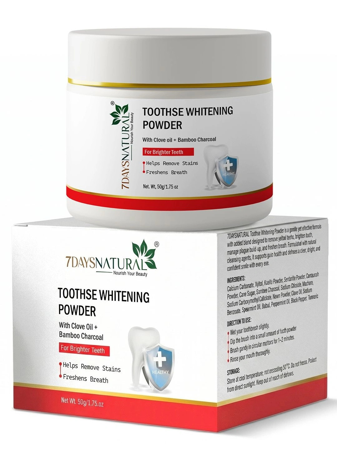 7DAYSNATURAL Teeth Whitening Powder With Kaolin & Charcoal For Enamel Care - 35G
