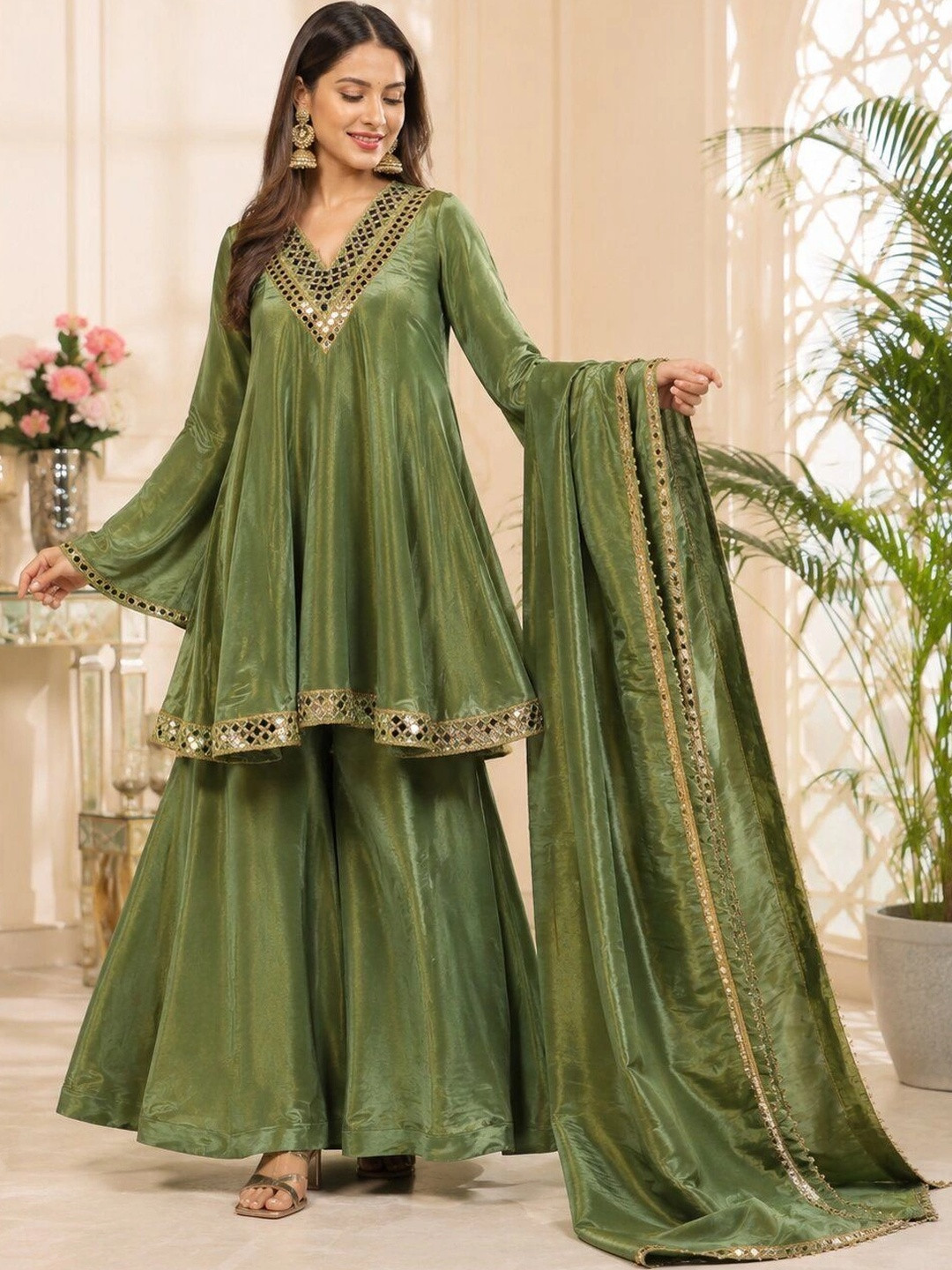 Social geek Women Angrakha Mirror Work Pure Silk Kurta with Sharara & With Dupatta