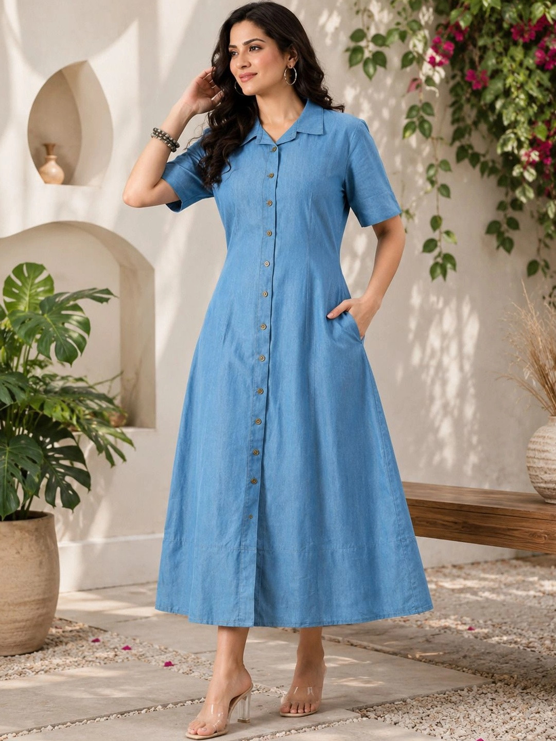 URBAN KANYA Women Denim A-Line Midi Dress