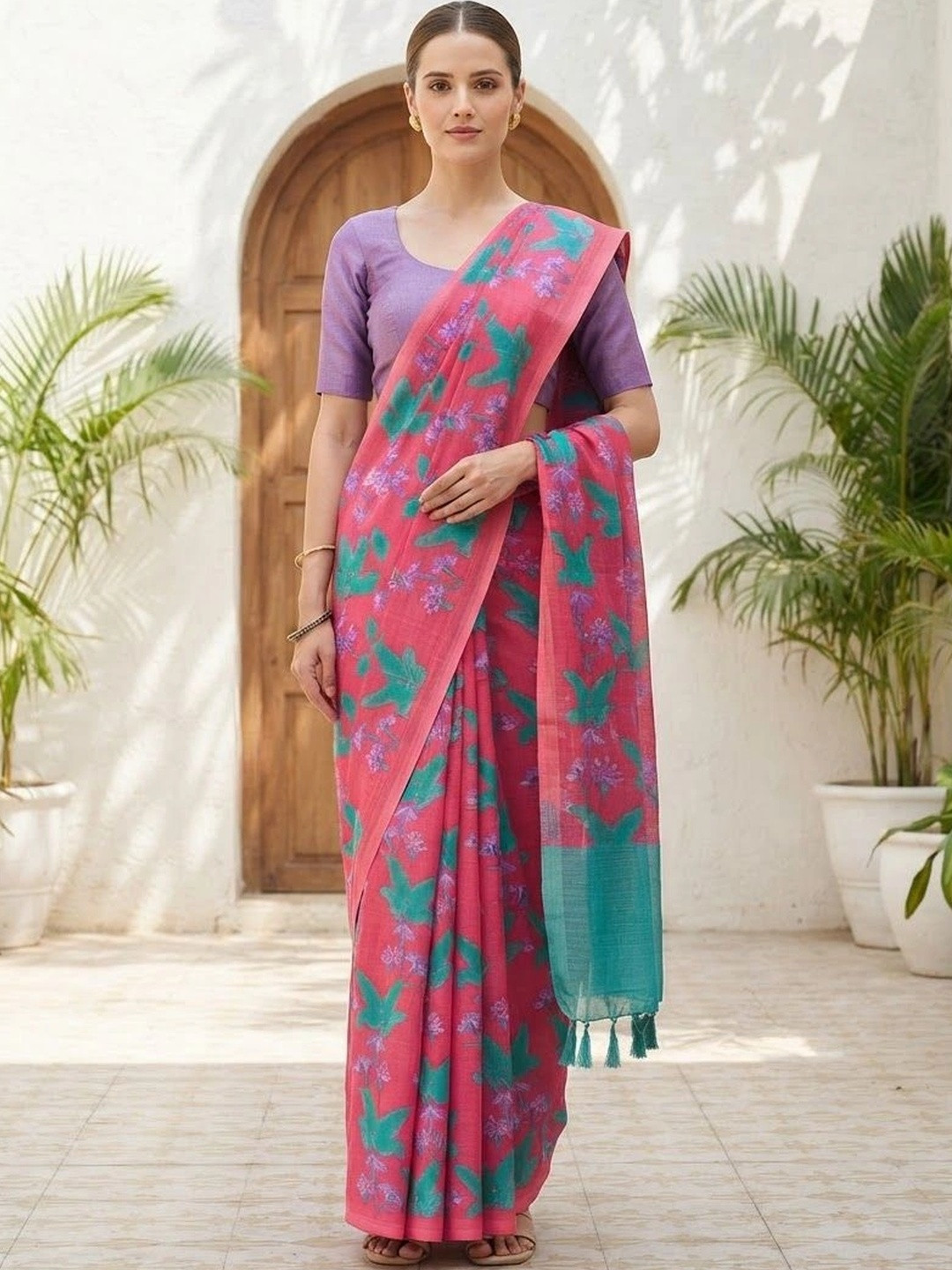 MEHARIKA Floral Pure Linen Khadi Saree