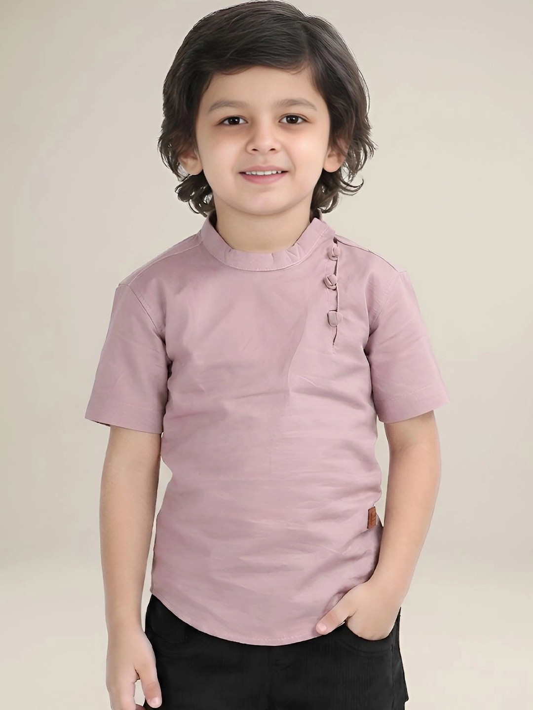 Polka Tots Boys Band Collar Short Sleeves Straight Kurta