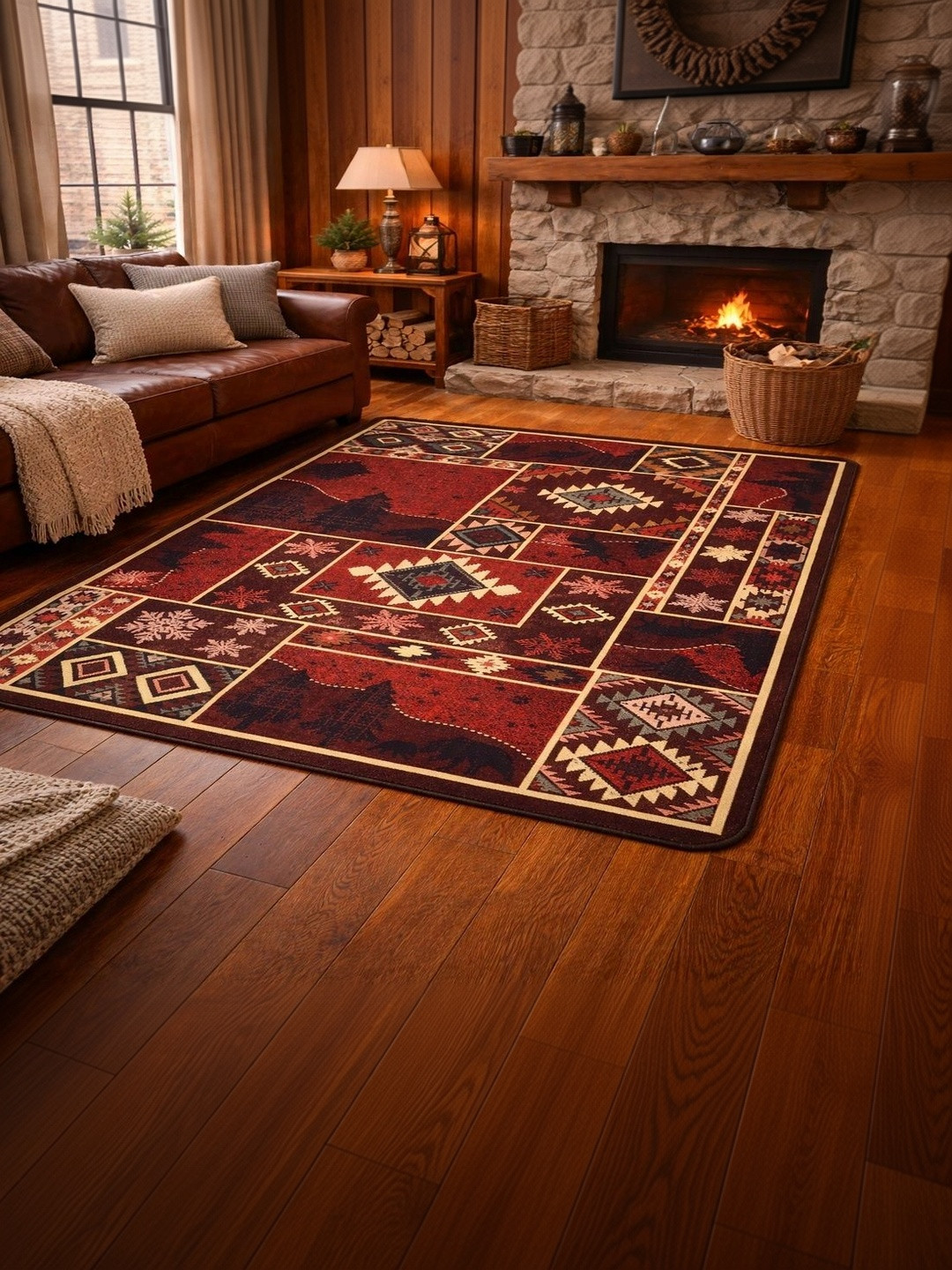 AAZEEM Maroon Ethnic Motifs Washable Polyester Carpet