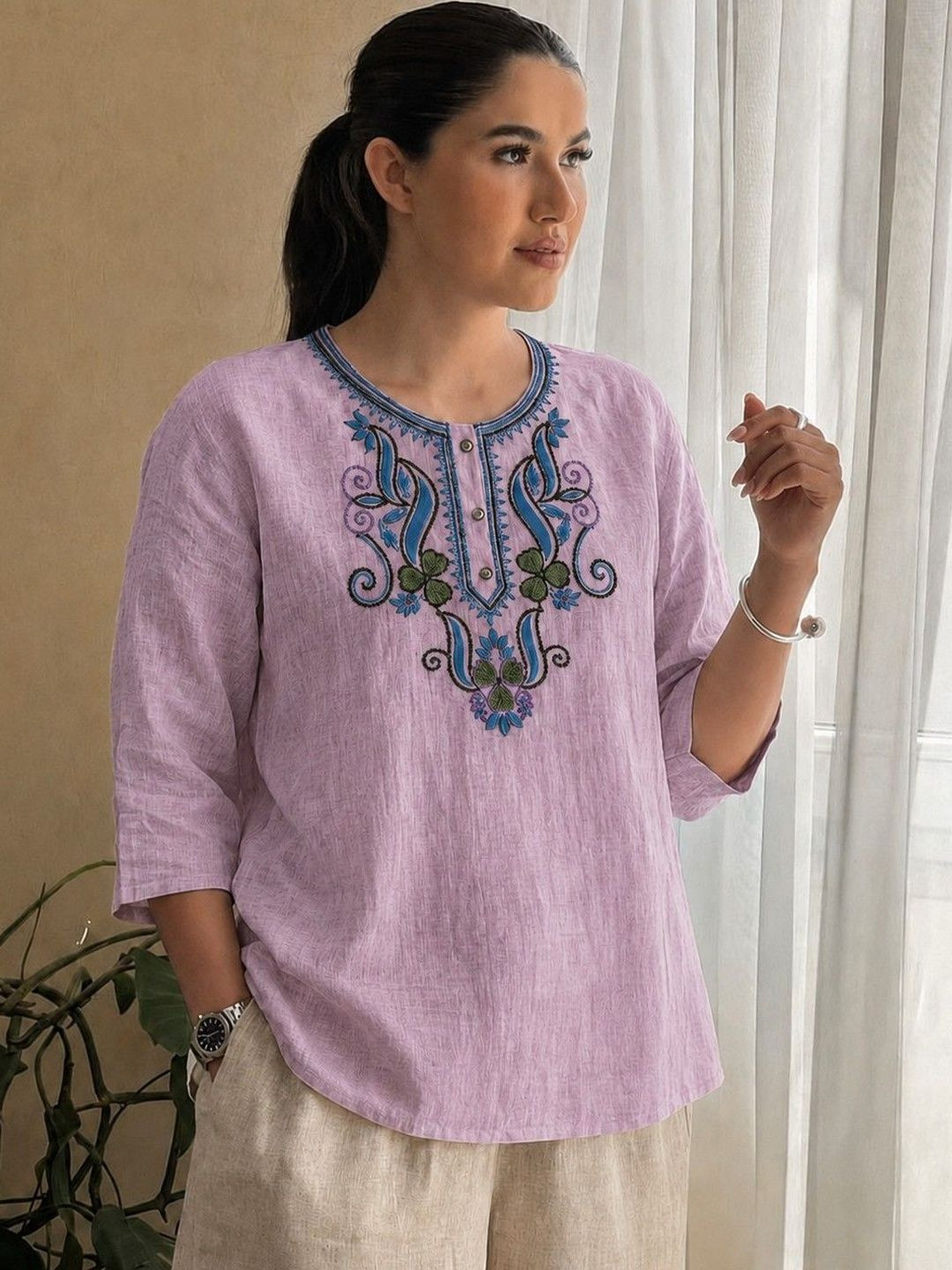 MAKHHI WEAR YOUR VIBE Embroidered Ethnic Cotton Blend Top