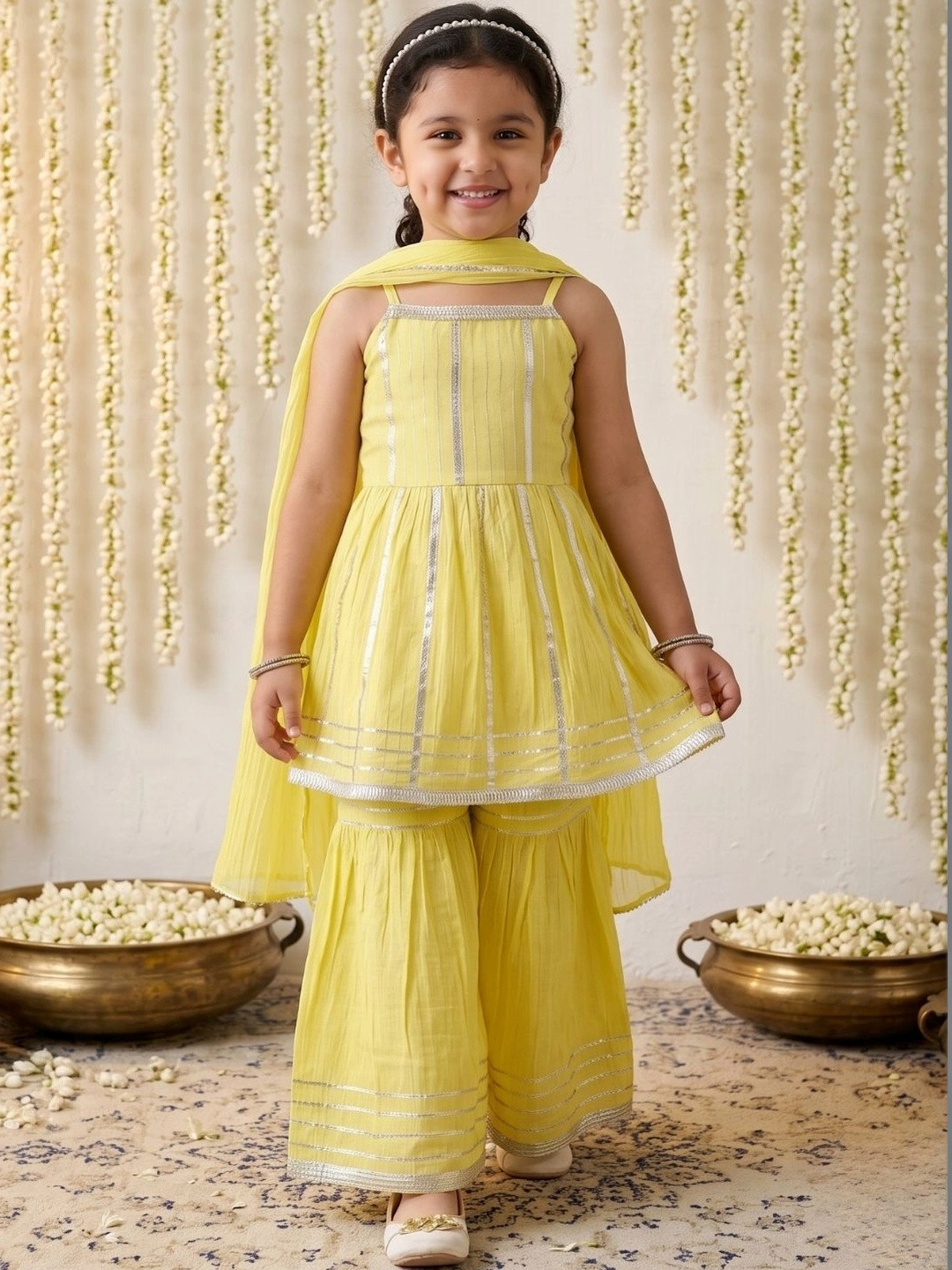 KALINI Girls Striped Regular Pure Cotton Kurti with Sharara & With Dupatta