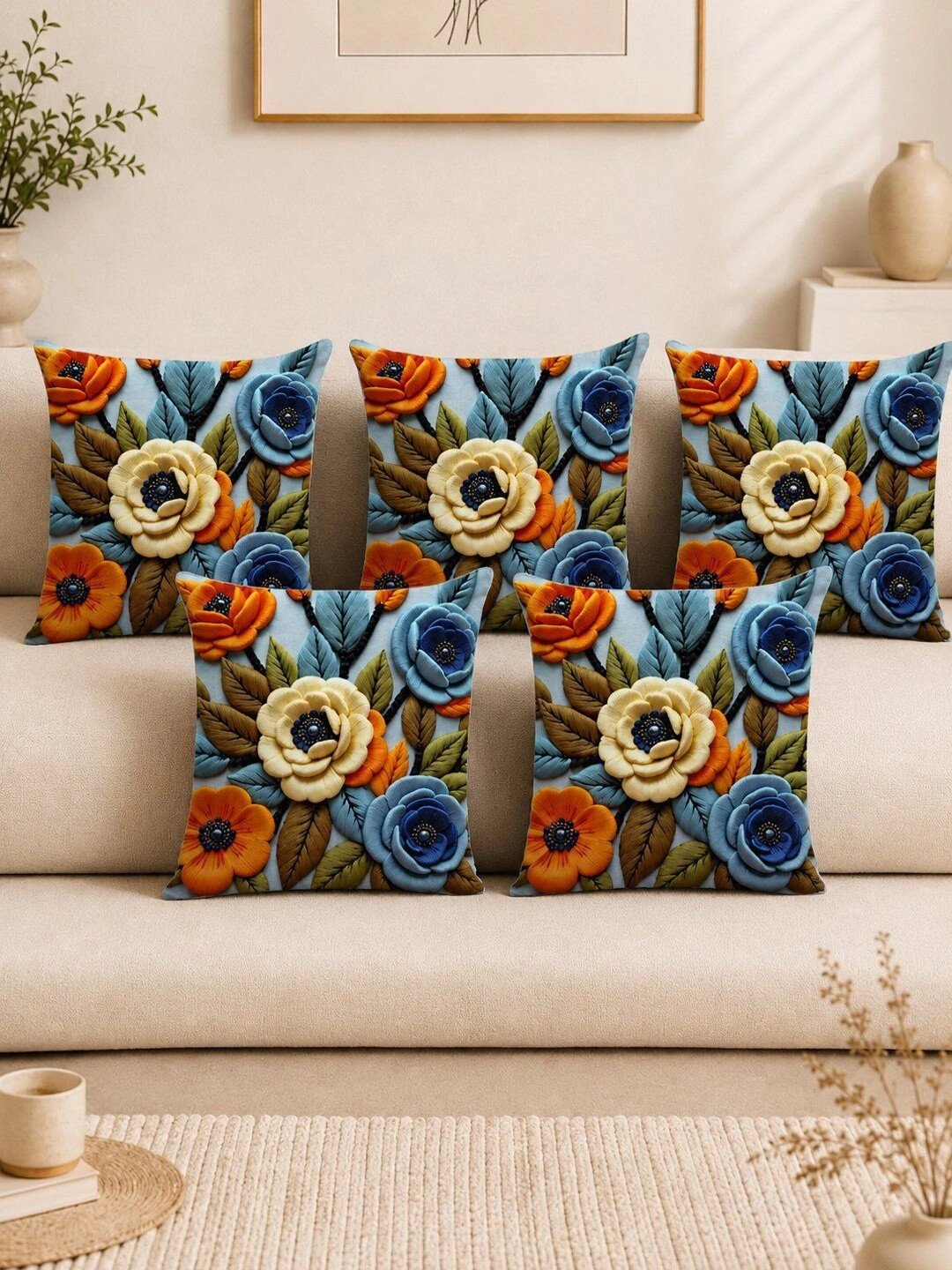 salajya anchla Multicoloured Set of 5 Floral Velvet Square Cushion Covers