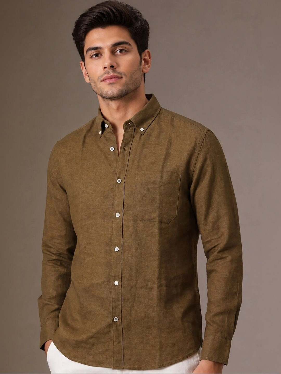 HERE&NOW Crest Brown Plain Button-Down Casual Shirt