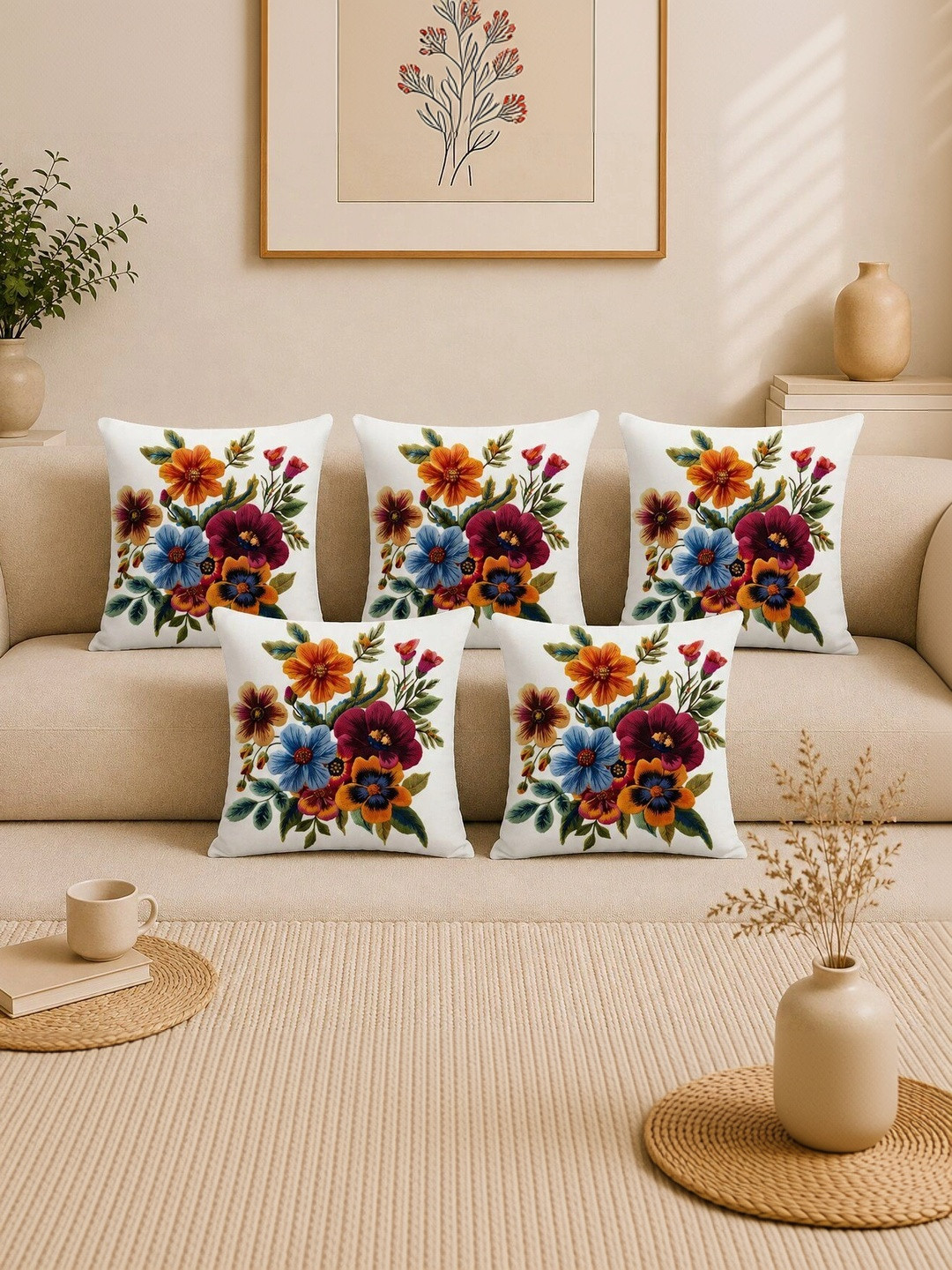 salajya anchla Multicoloured Set of 5 Floral Velvet Square Cushion Covers