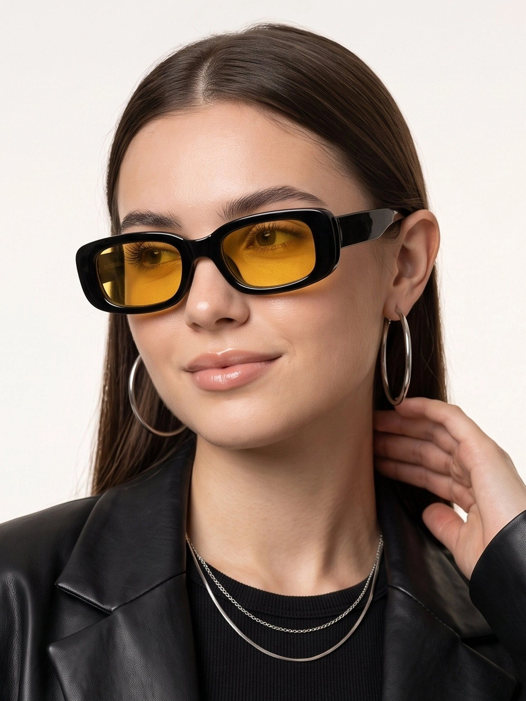 RORCE Women Yellow Lens & Black Rectangle Sunglasses with UV Protected Lens