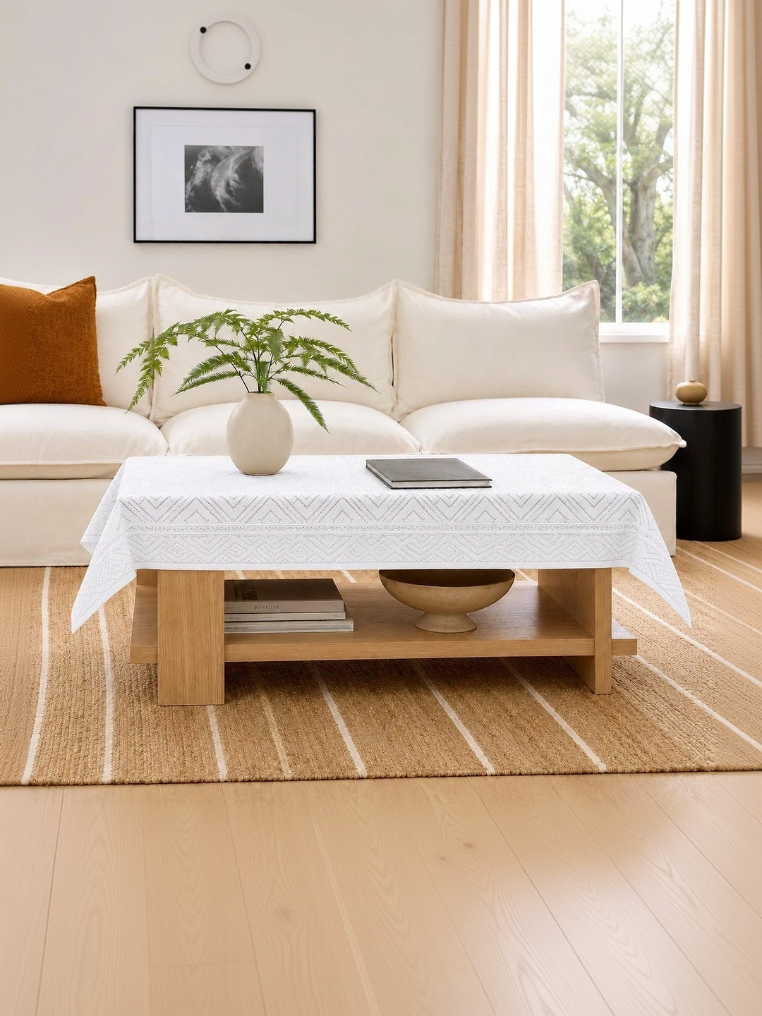 RYKA White Geometric Printed Cotton 4-Seater Table Cover with Textured details