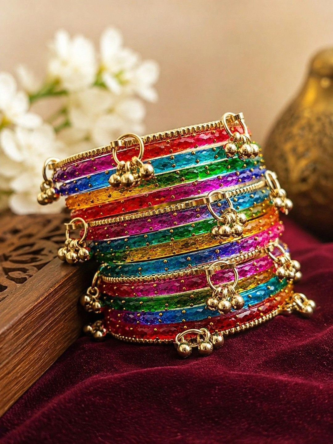 Guddan Set Of 16 Textured Ghungroo Beaded Bangles