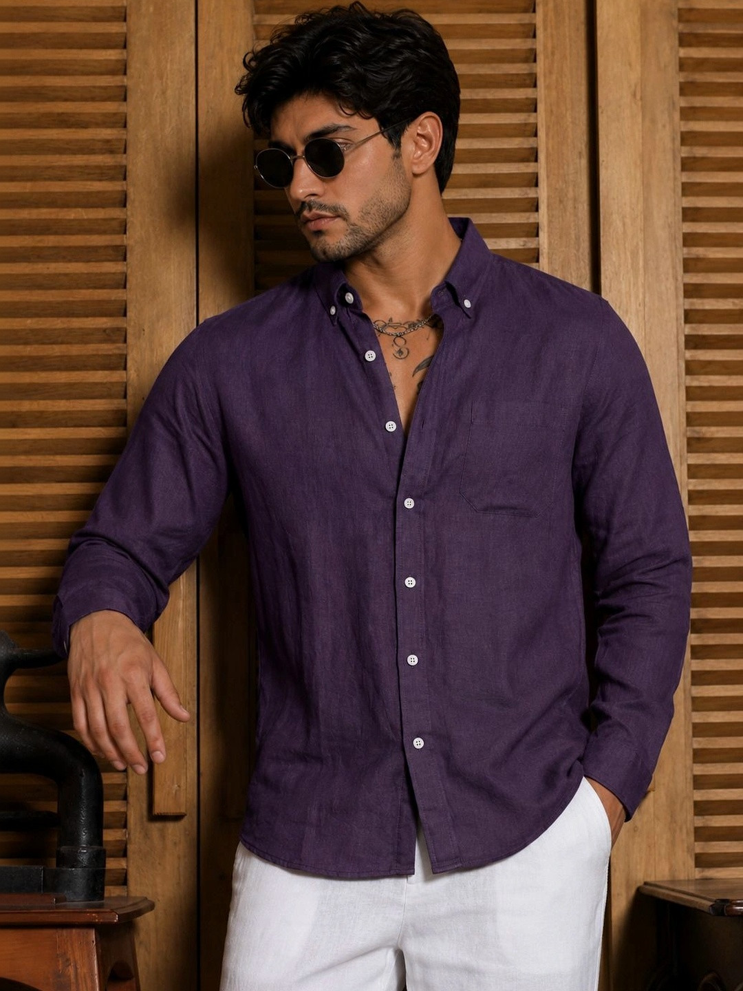 HERE&NOW Crest Purple Plain Button-Down Casual Shirt