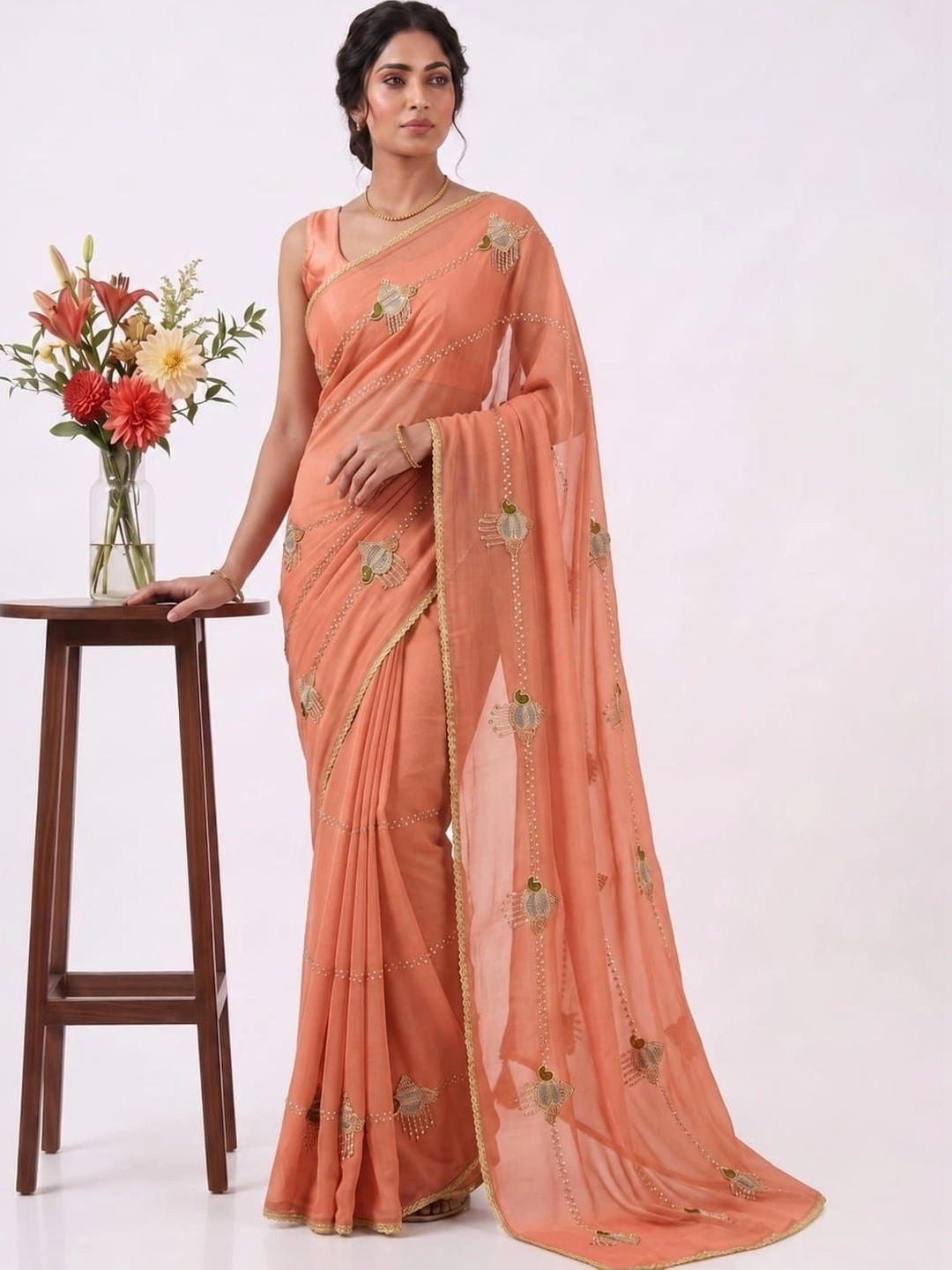 SHRIJAMYAHAM Embroidered Poly Georgette Saree