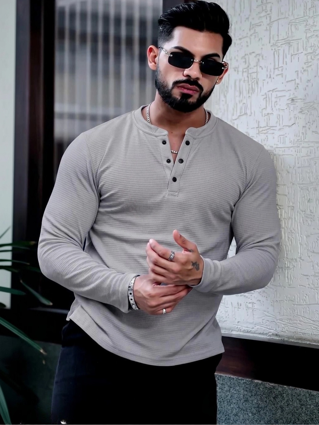 RUFICA Men Henley Neck T-shirt
