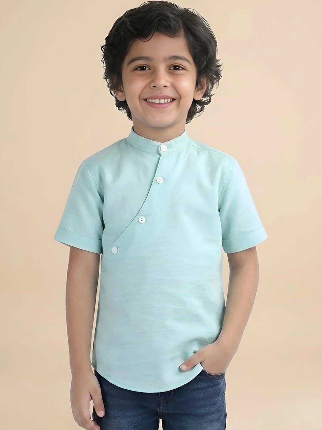 Polka Tots Boys Band Collar Short Sleeves Straight Kurta