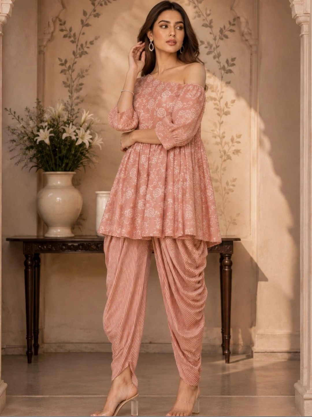indo street Floral Printed Empire Kurti With Dhoti Pants
