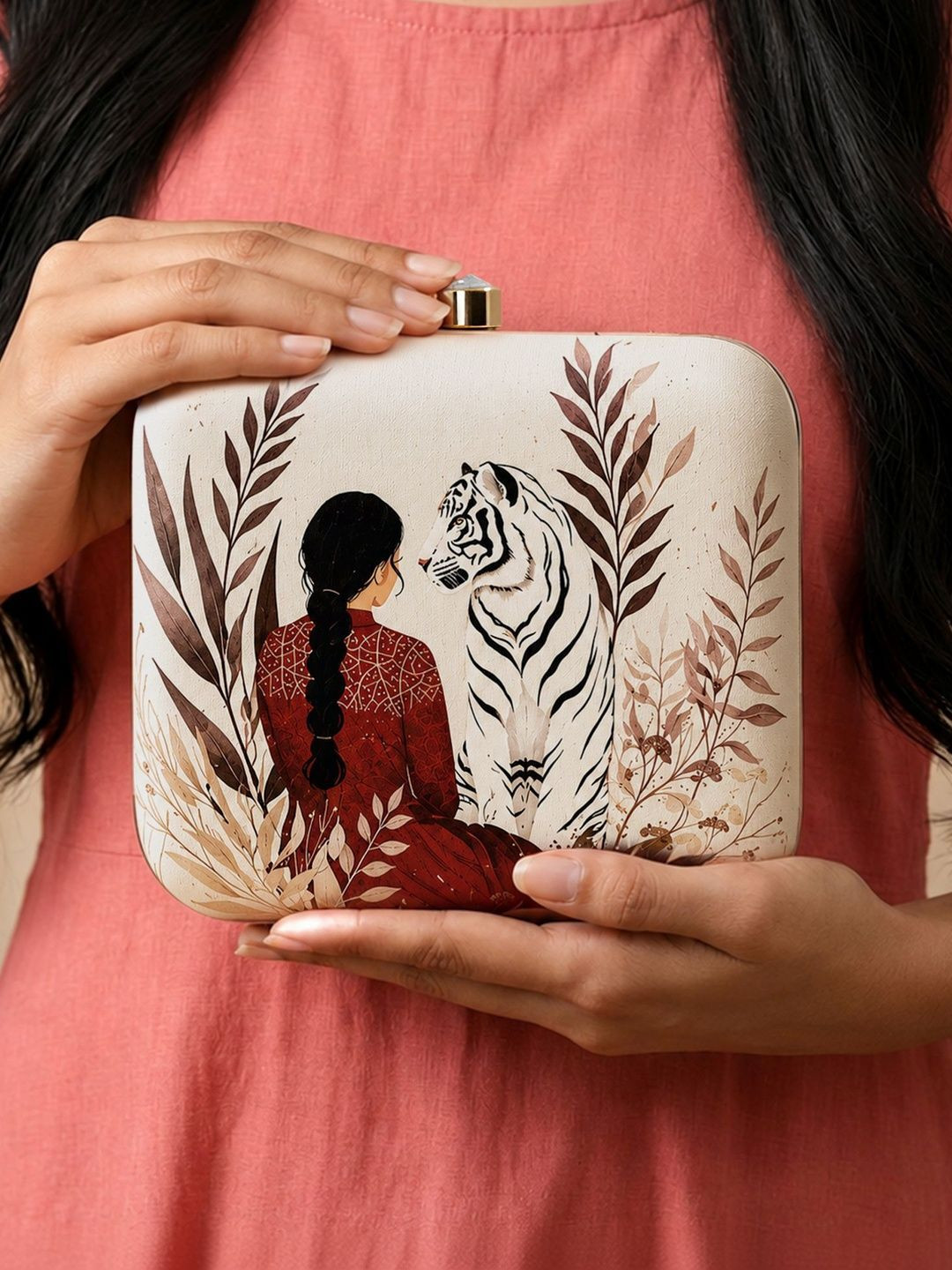 ARTKLIM Lady With White Tiger Printed Box Clutch