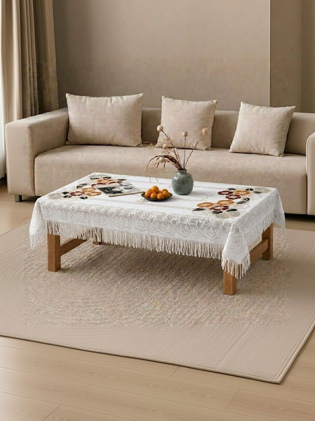 RYKA Cream-Coloured Floral Cotton 4-Seater Table Cover with Embroidered details