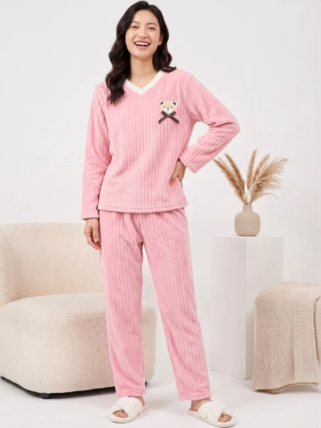 Lugo Women Self Design Ribbed Full Sleeves Top & Pyjama Night Suit Set