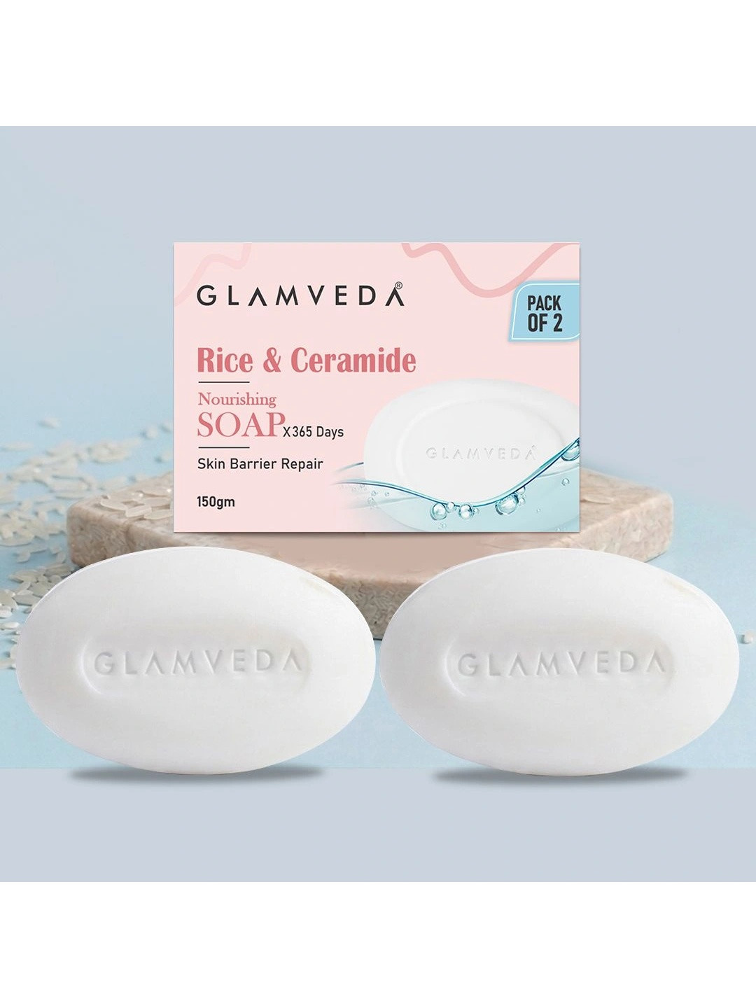 GLAMVEDA Set of 2 Rice & Ceramide Skin Brightening Soap with Hyaluronic Acid - 75 g each