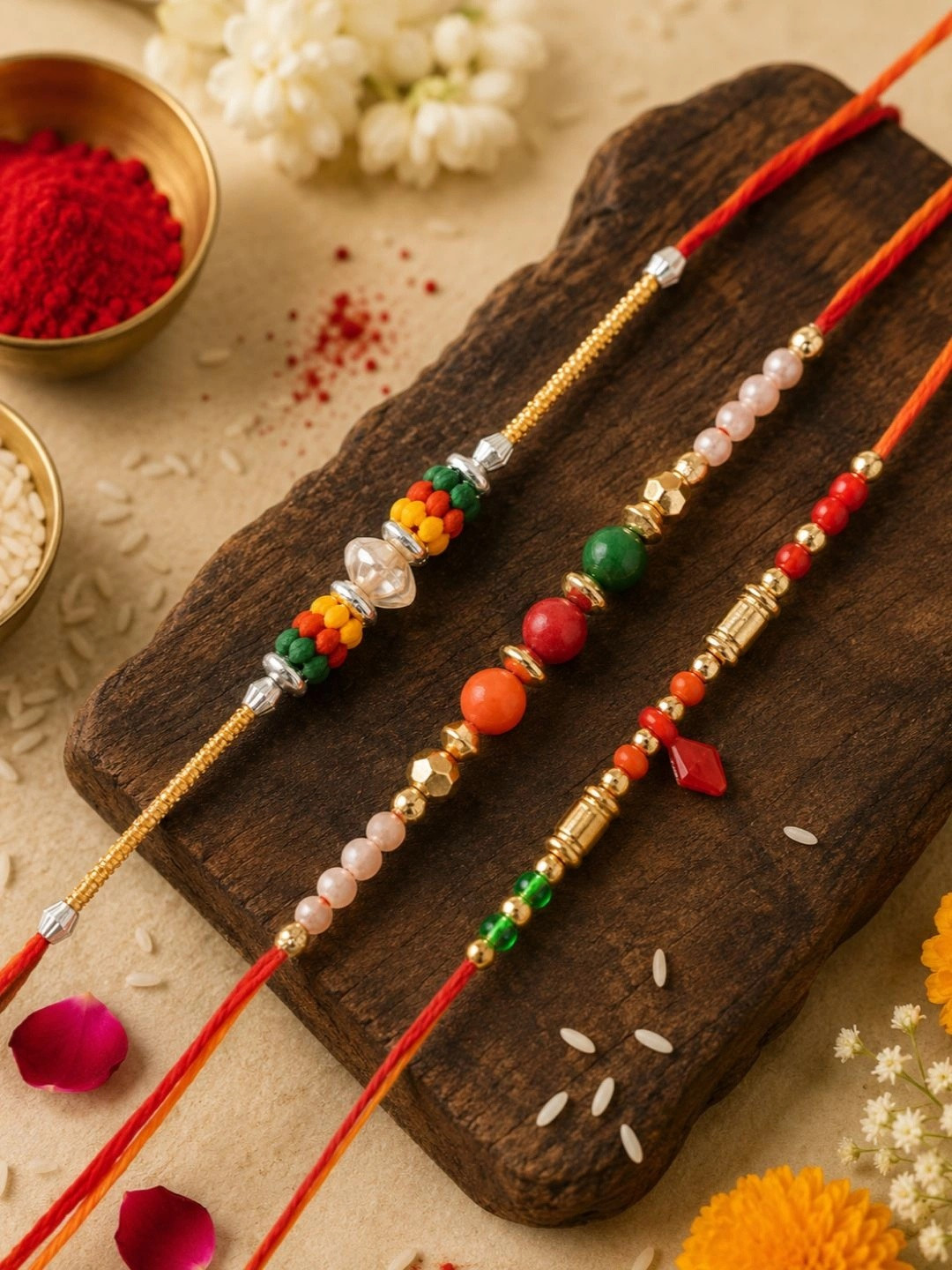 Aapno Rajasthan Set of 3 Beaded Rakhi with Roli Chawal & Greeting Card