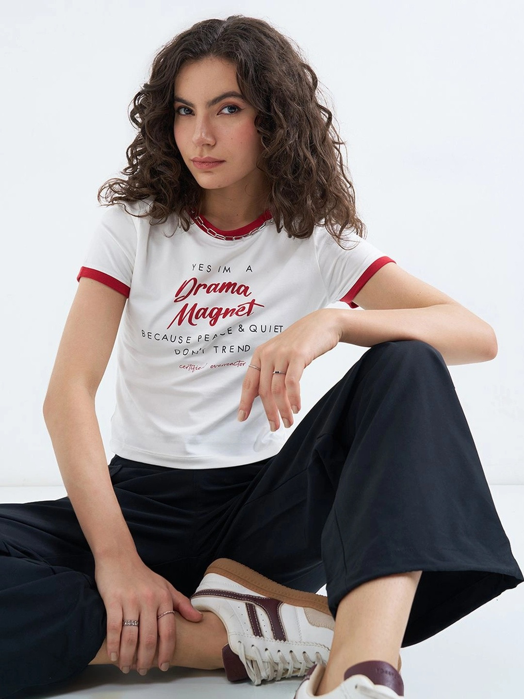 People Women Typography Printed Slim Fit T-shirt