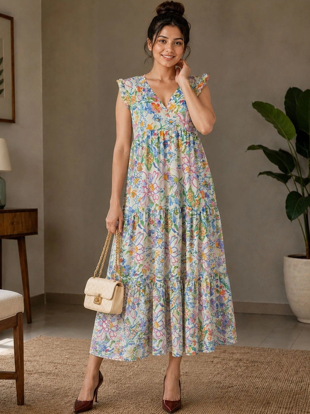HARIKS Floral Print Flared Sleeve Ruffled A-Line Maxi Dress