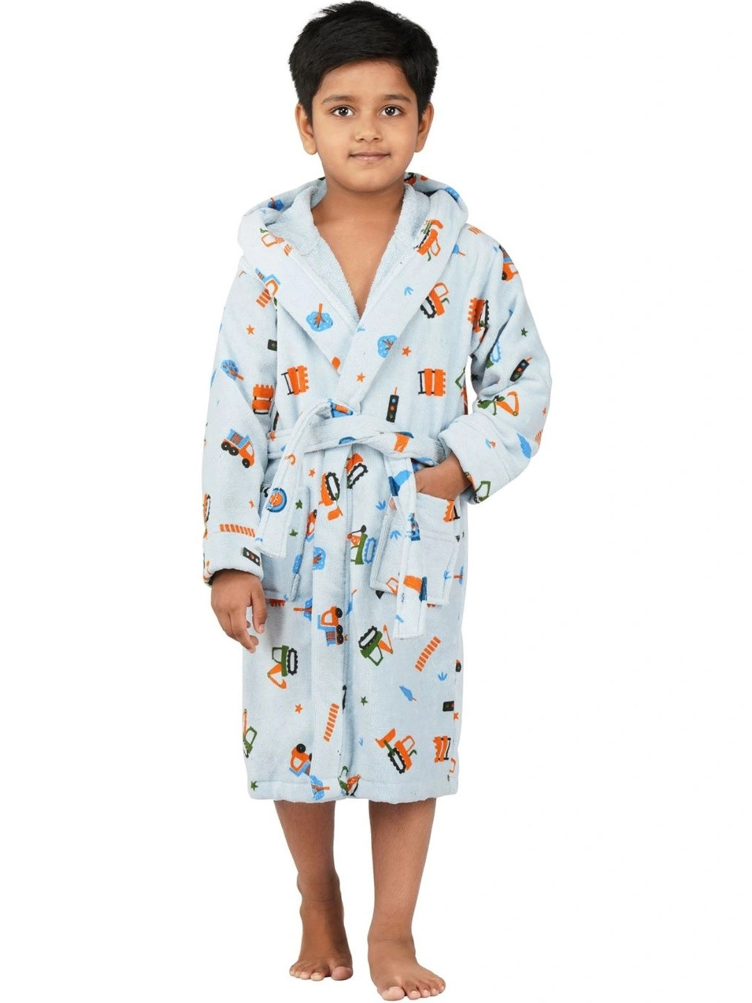 RANGOLI Tractor-Theme, 400 GSM Blue Conversational Cotton Drawstring Midi Bath Robe-5-6Y