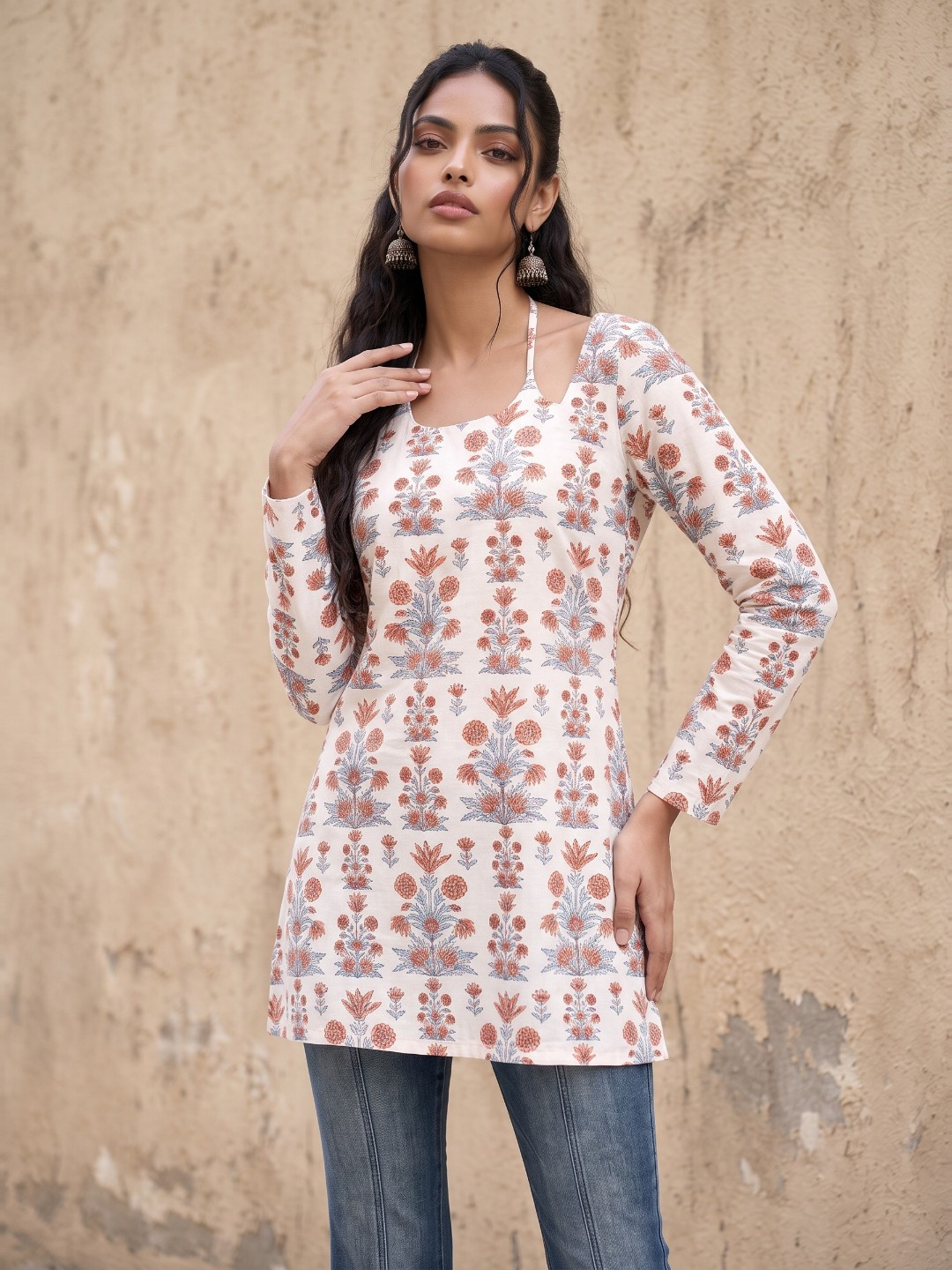 fusion by glitchez Floral Printed Tie-Ups Fitted Pure Cotton Kurti