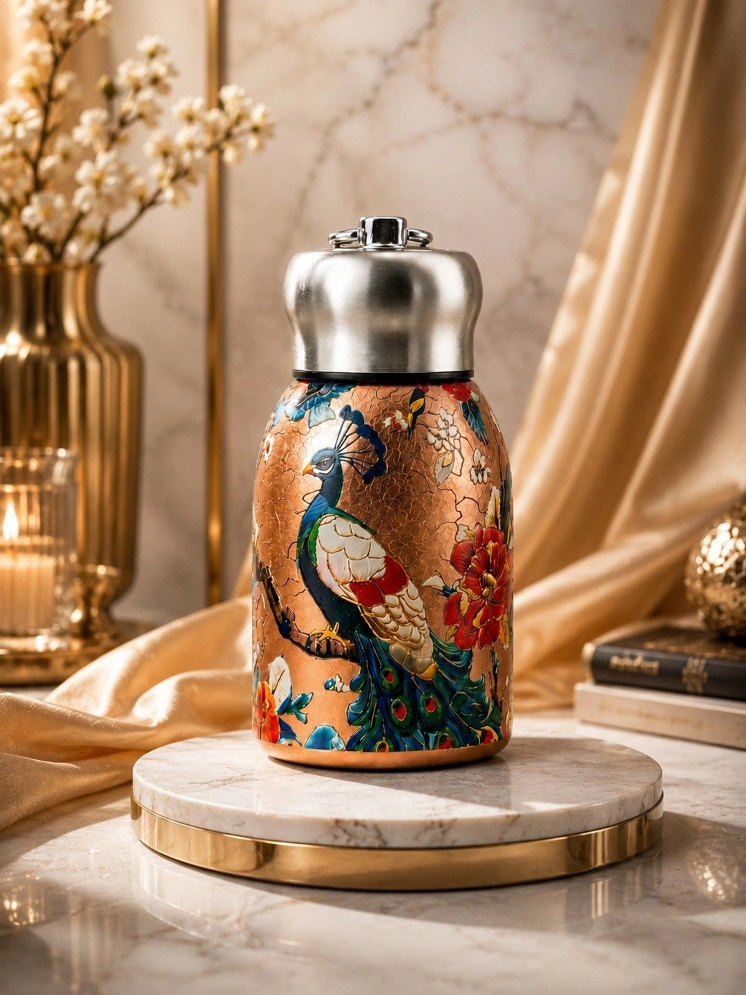 PIXNA Floral Peacock Print 300 ml Stainless Steel Double Wall Insulated Water Bottle