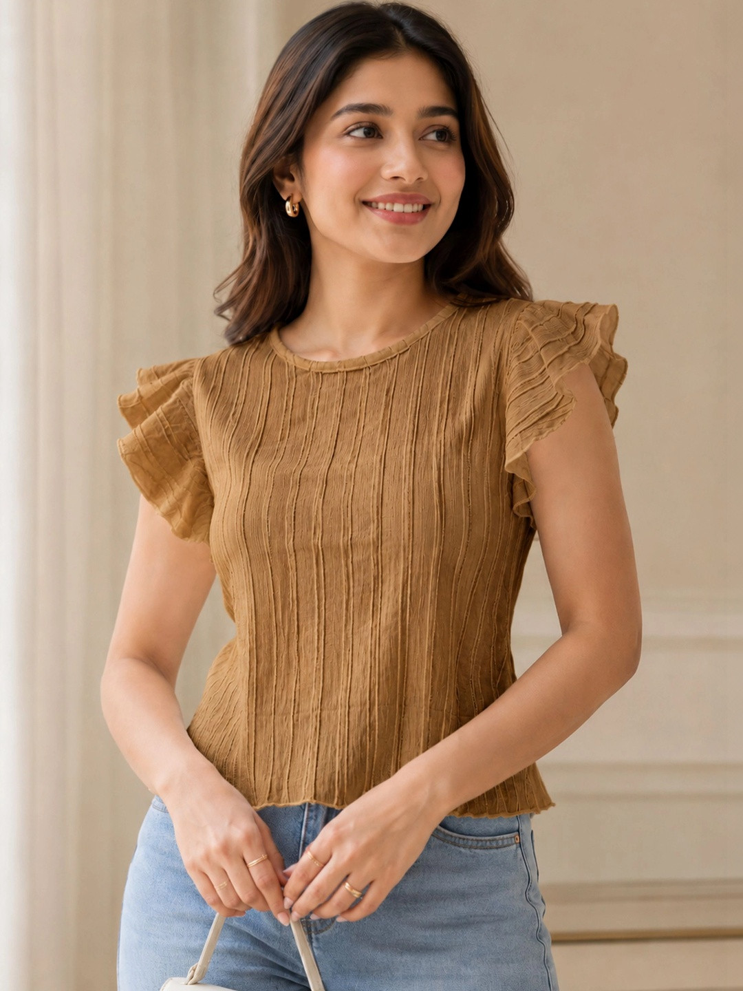 Moshe Flutter Sleeve Ruffles Top