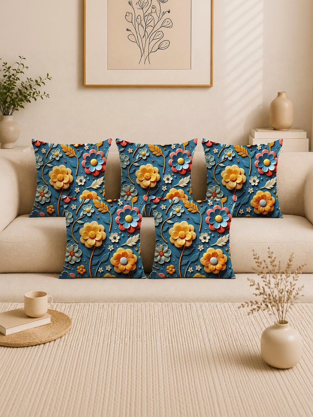 salajya anchla Multicoloured Set of 5 Floral Velvet Square Cushion Covers