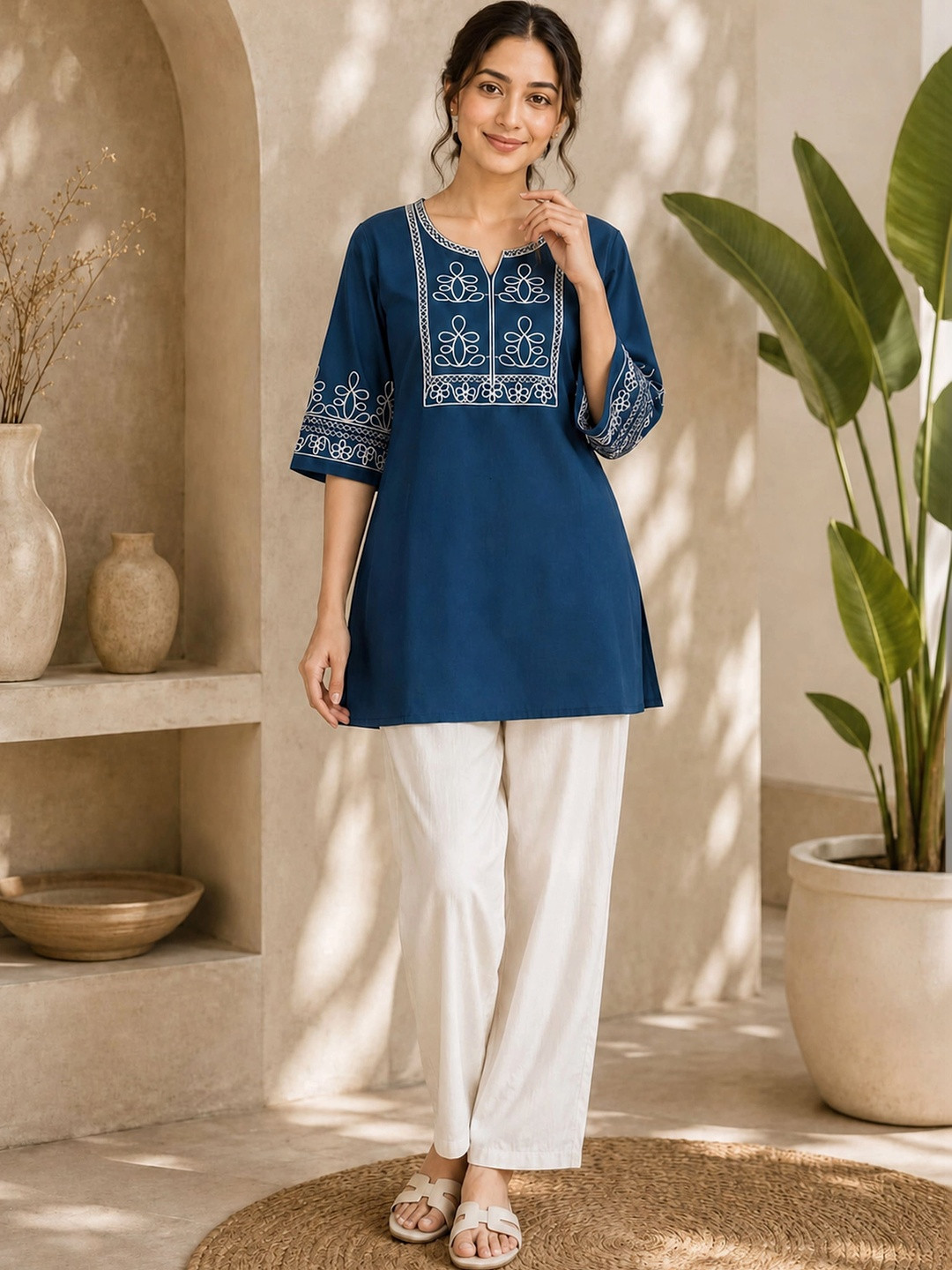 TRAHIMAM Women Ethnic Motifs Embroidered Regular Thread Work Kurti with Trousers