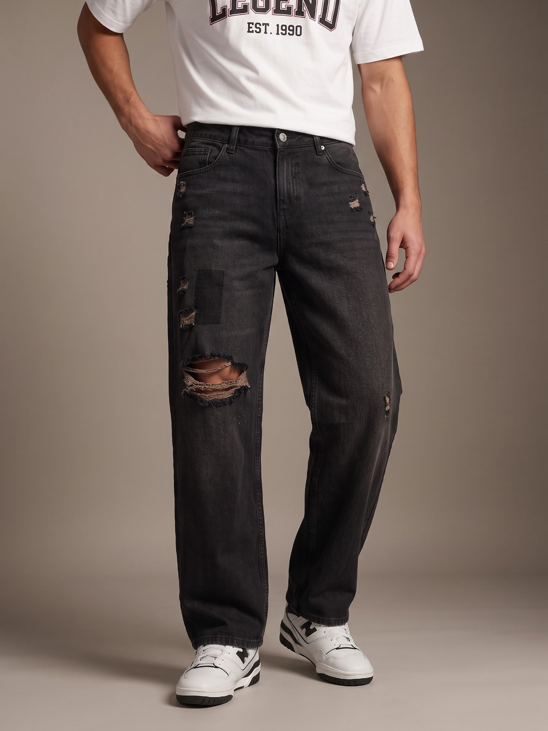 glitchez Men Barrel Fit Mid-Rise Highly Distressed Light Fade Jeans