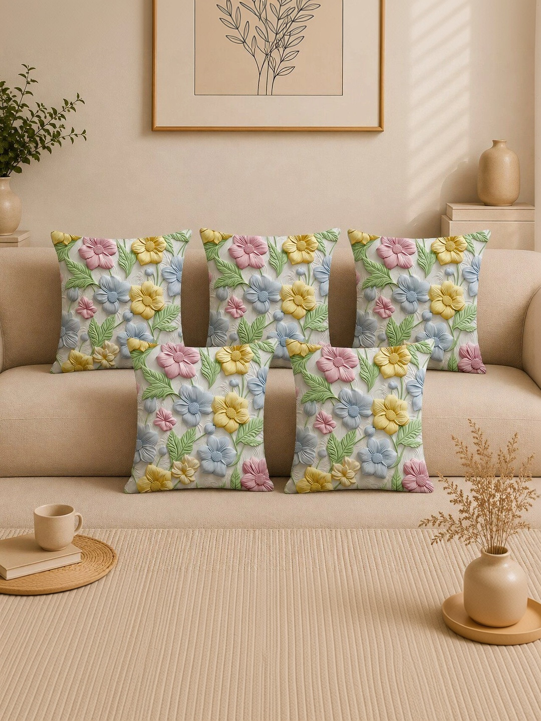 salajya anchla Multicoloured Set of 5 Floral Velvet Square Cushion Covers