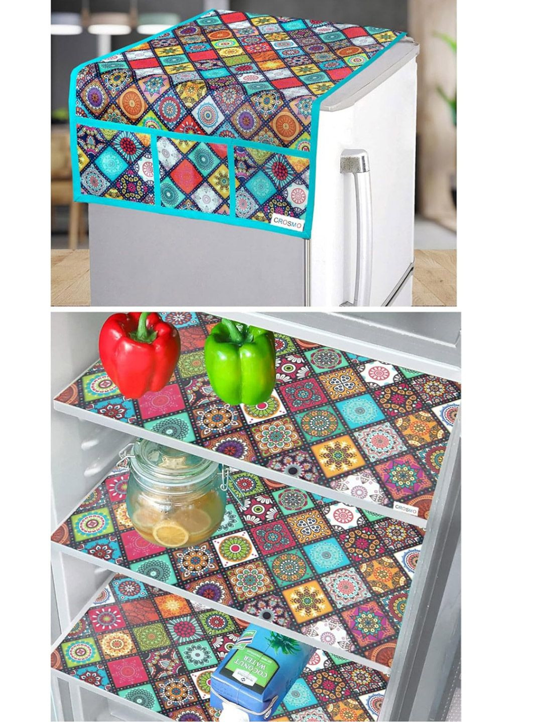CROSMO Set Of 4 Multicoloured Polyester Fridge Top Cover With 3 Fridge Mats