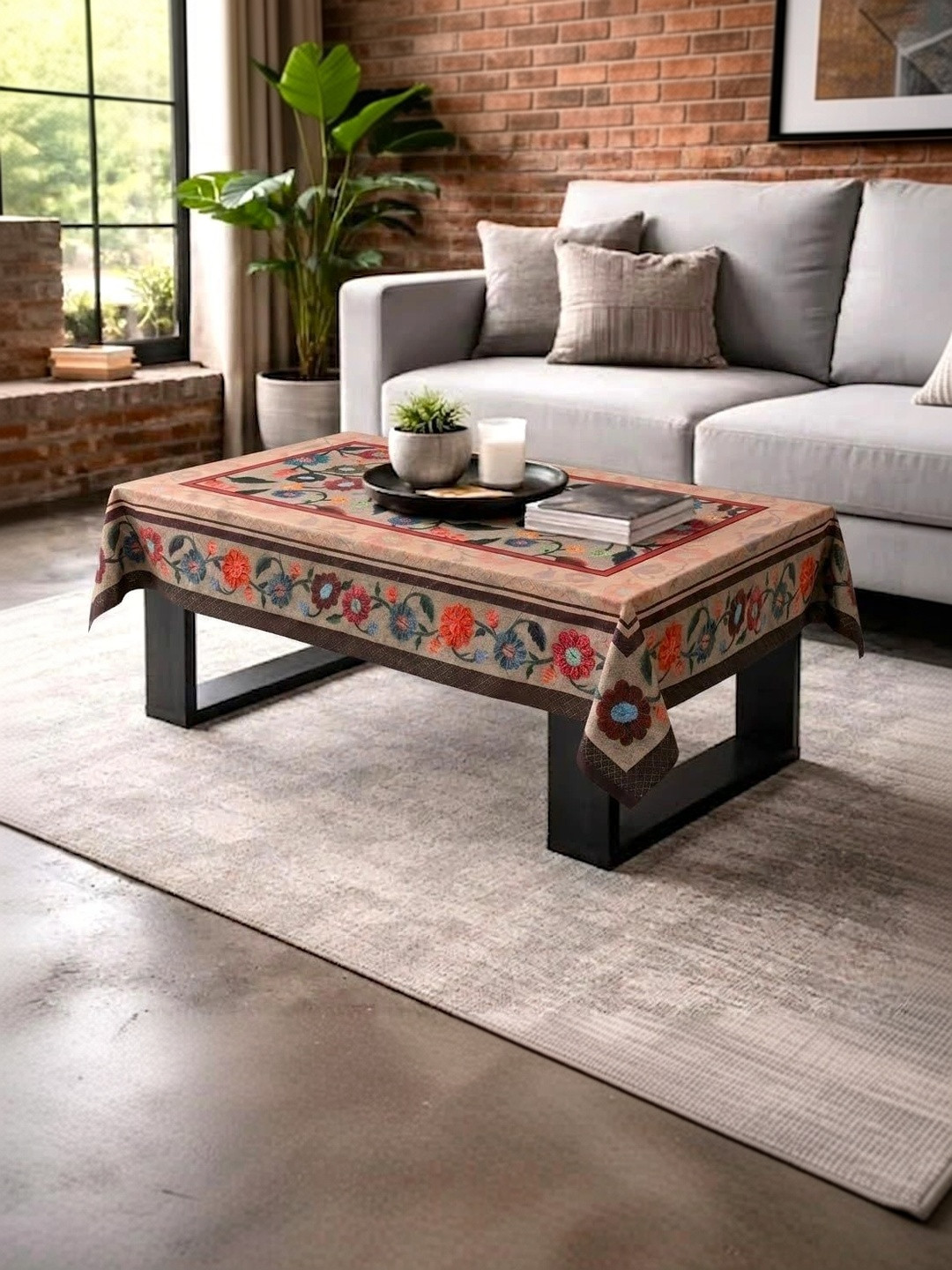 RYKA Multicoloured Floral Cotton 4-Seater Table Cover with Embroidered details