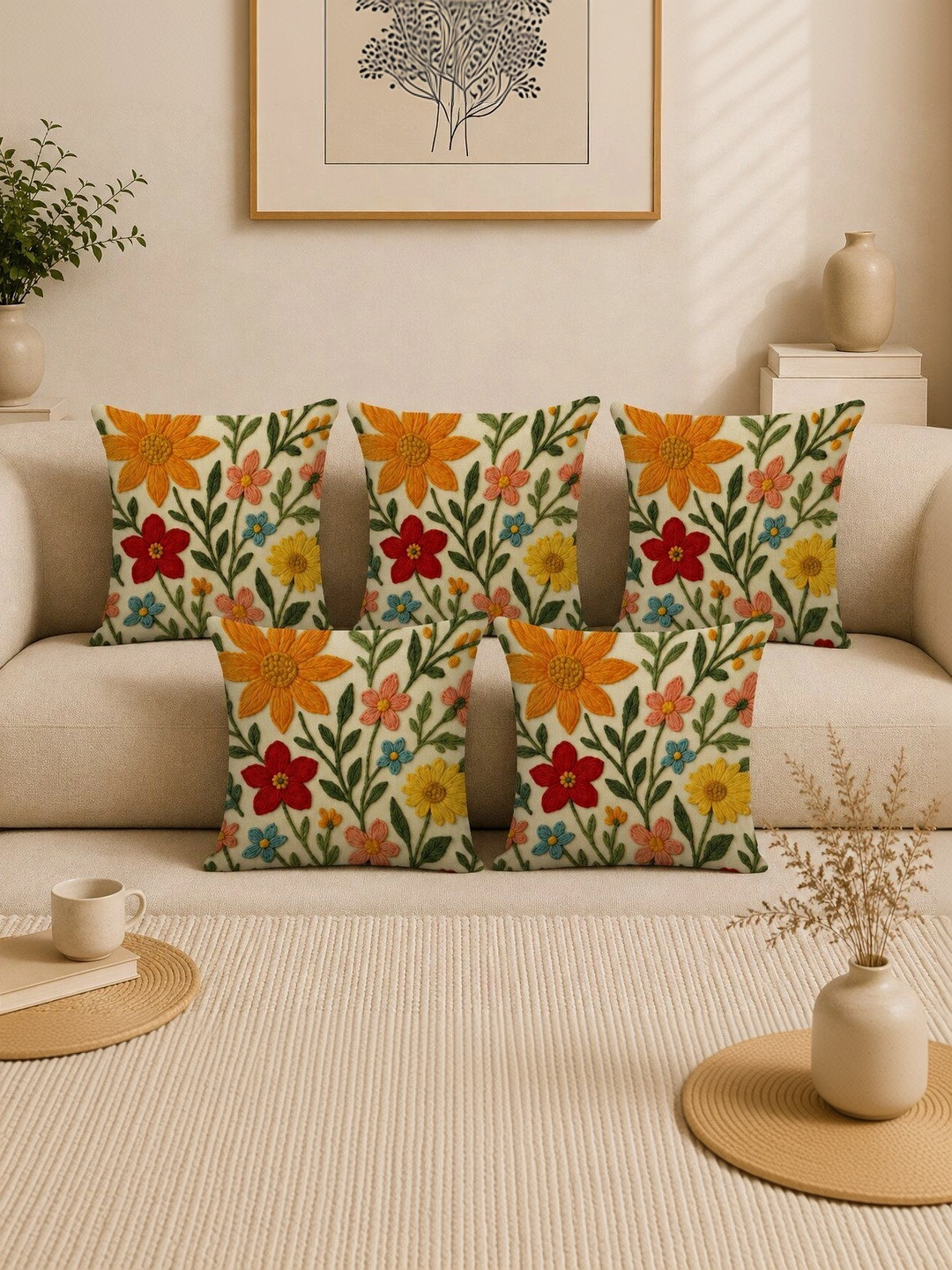 salajya anchla Multicoloured Set of 5 Floral Velvet Square Cushion Covers