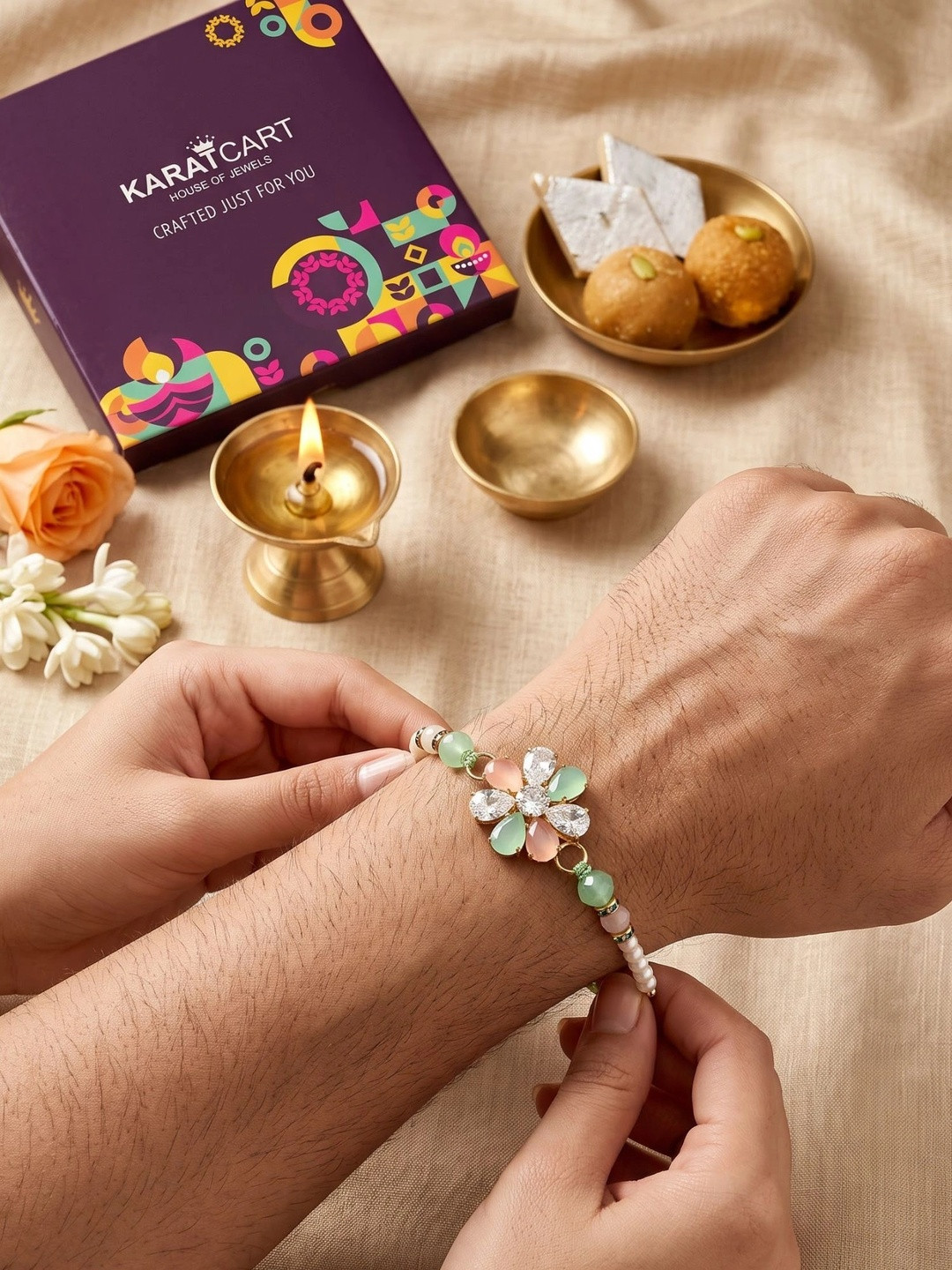 KARATCART Artificial Stone Studded Floral Thread Rakhi